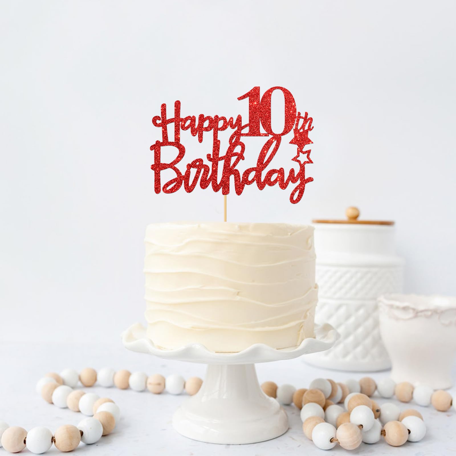 Red Glitter Happy 10th Birthday Cake Topper - Ten Sign Cake Decoration - Cheers to 10 Years Party Supplies - 10th Birthday Party Decor for Girls & Boys - Perfect for Birthday Cakes, Cupcakes & Dessert Tables
