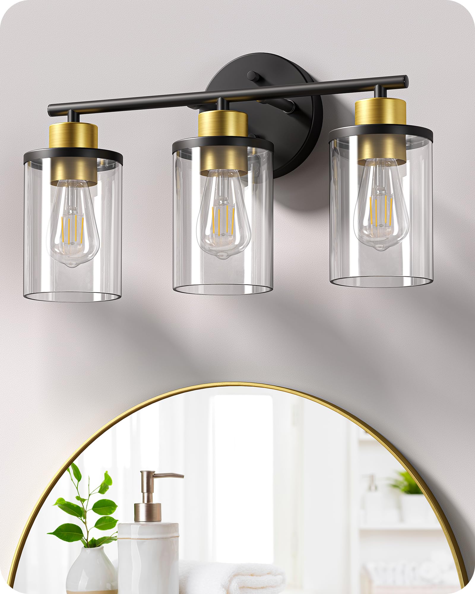 Modern 3-Light Bathroom Vanity Lighting Fixture - Black & Gold Wall Sconce with Clear Glass Shade for Bathroom Mirror, Powder Room, Vanity Table & Kitchen Decor | Perfect for Makeup Application & Ambient Lighting