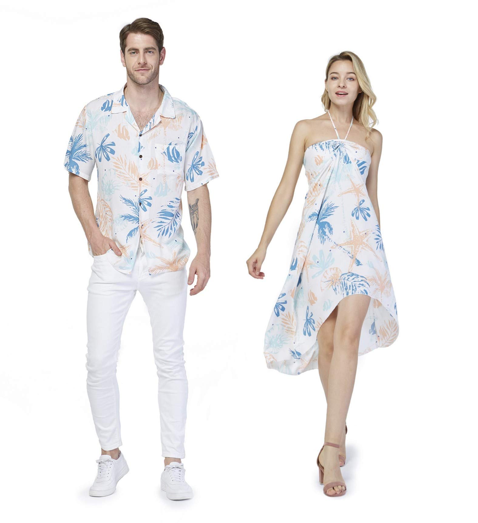 **Couple Matching Hawaiian Luau Shirts & Maxi Sweetheart Dresses - Neon Sunset Print for Beach Vacation, Summer Party, and Tropical Date Night**