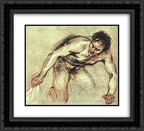 Jean Antoine Watteau Kneeling Male Nude Art Print - 22x20 Inches, Black Ornate Frame with Double Matting, Museum Quality Wall Decor | Perfect for Living Room, Bedroom, or Office Art Display
