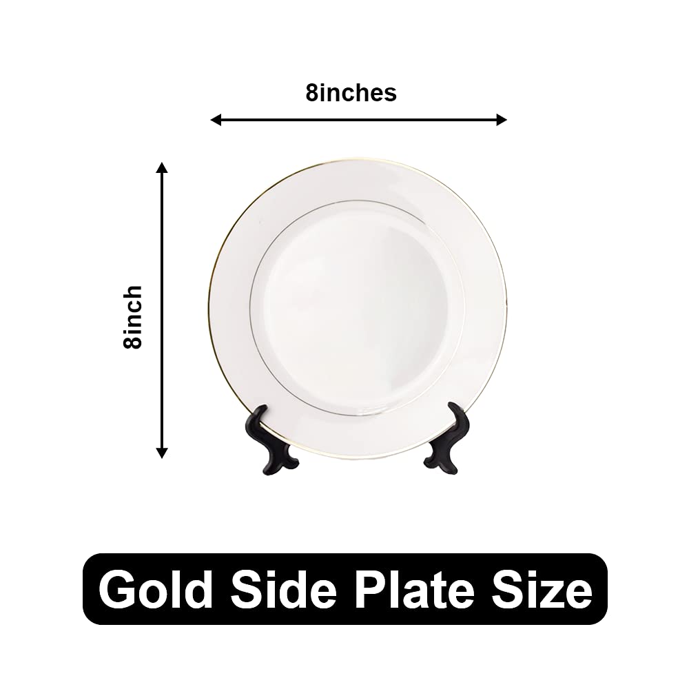 MR.R Set of 2 Sublimation Blanks - 8 Inch White Ceramic Gold Rim Plates with Stand, Lead-Free Porcelain Plates for Dessert, Salad & Appetizers | Microwave, Oven & Freezer Safe | Perfect for Parties, Weddings & Home Decor