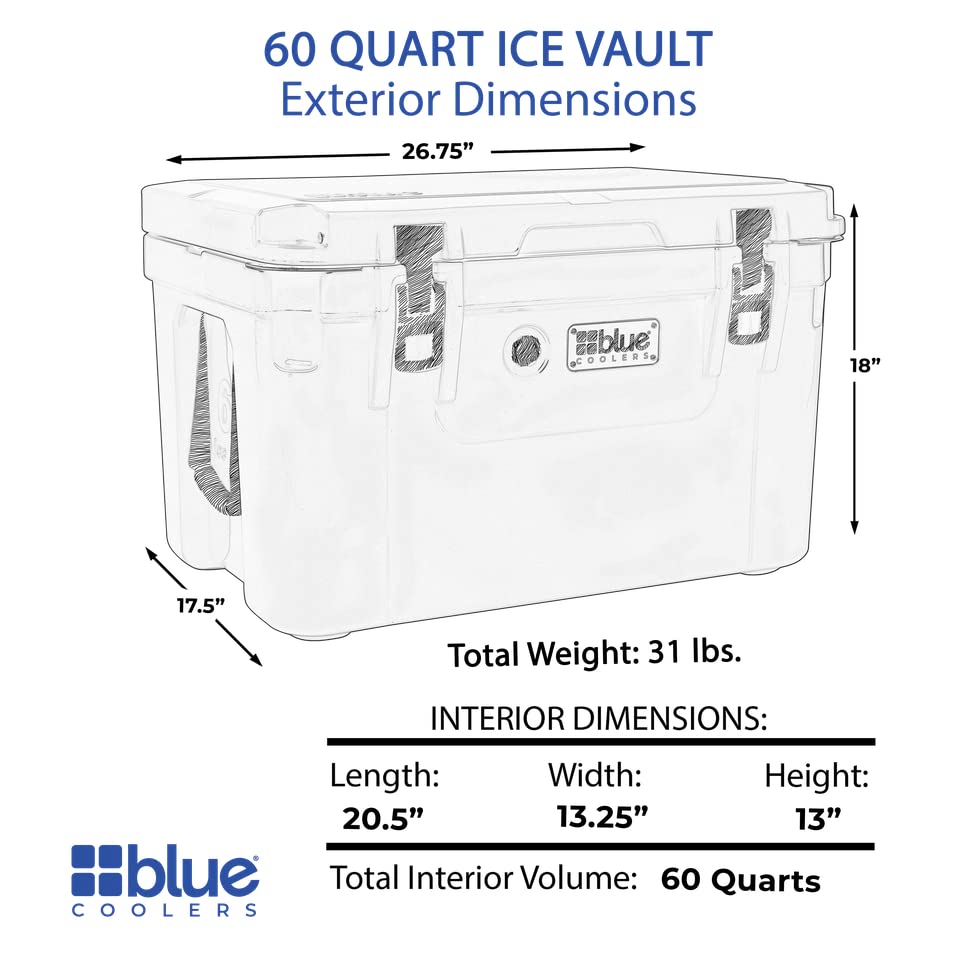 Blue Coolers Ice Vault 60 Quart Roto-Molded Cooler - Heavy Duty Large Chest Cooler Keeps Ice Up to 10 Days | Perfect for Camping, Beach Trips, Tailgating & Outdoor Adventures