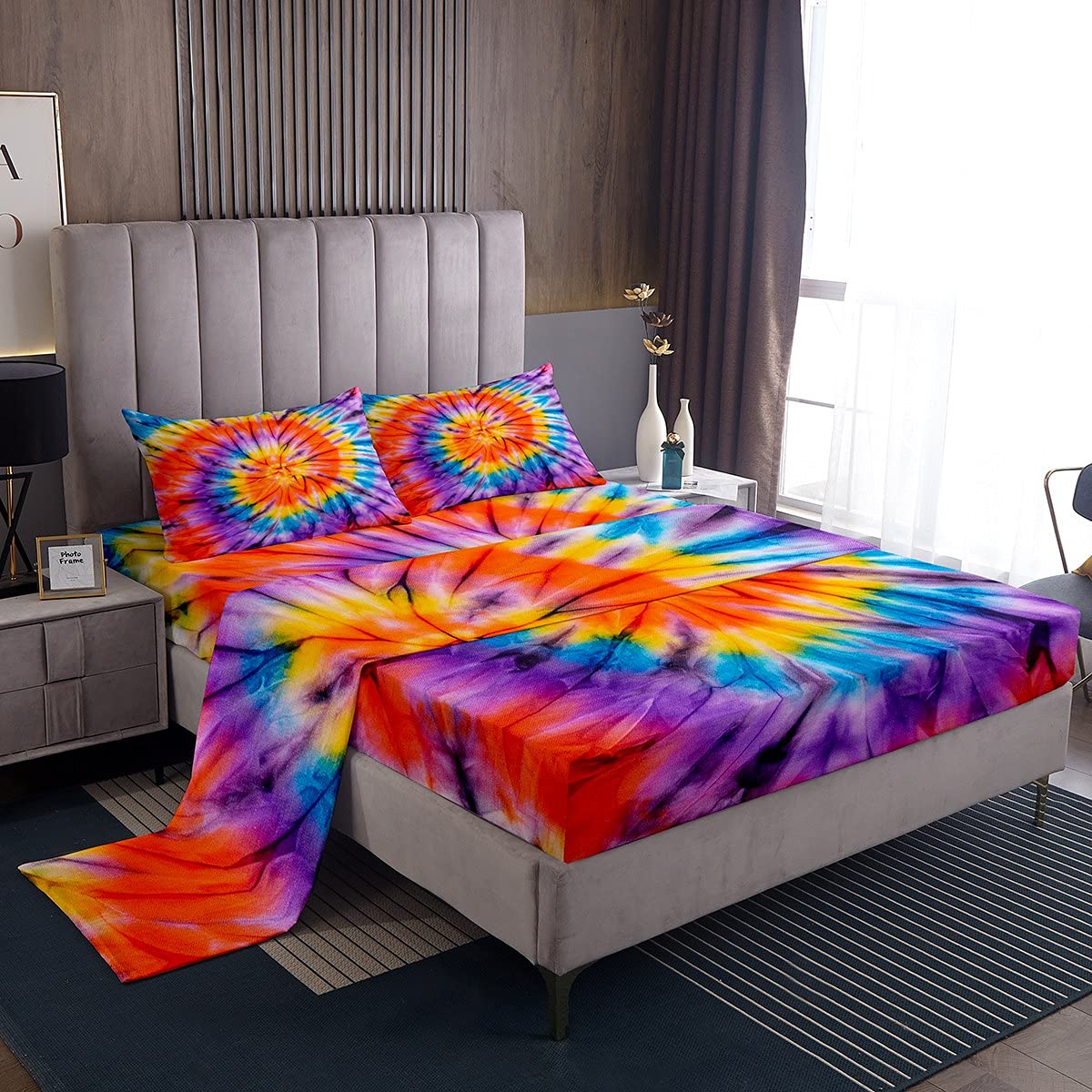 Tie Dye Bed Sheet Set 4-Piece Queen Size - Rainbow Boho Spiral Design, Bohemian Gypsy Style Psychedelic Bedding with Fitted Sheet, Flat Sheet & 2 Pillowcases - Wrinkle & Fade Resistant - Perfect for Hippie, Festival & Boho Chic Bedroom Decor