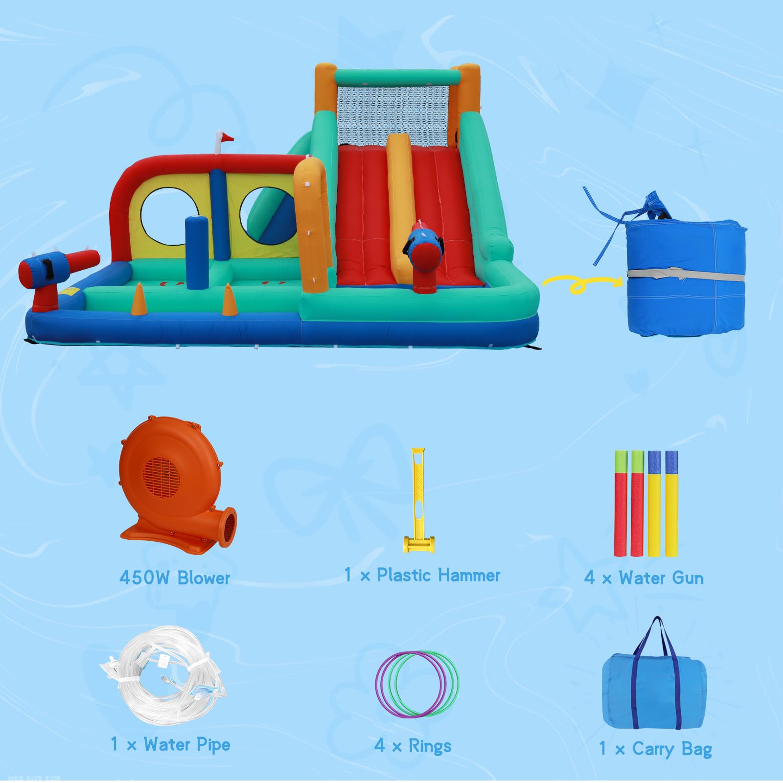**Double Lane Inflatable Water Slide with 4 Splash Pools, Climbing Wall & Water Cannons - Kids Outdoor Water Park Bounce House with 450W Blower - Perfect for Backyard Parties, Summer Fun & Family Gatherings (Blue)**