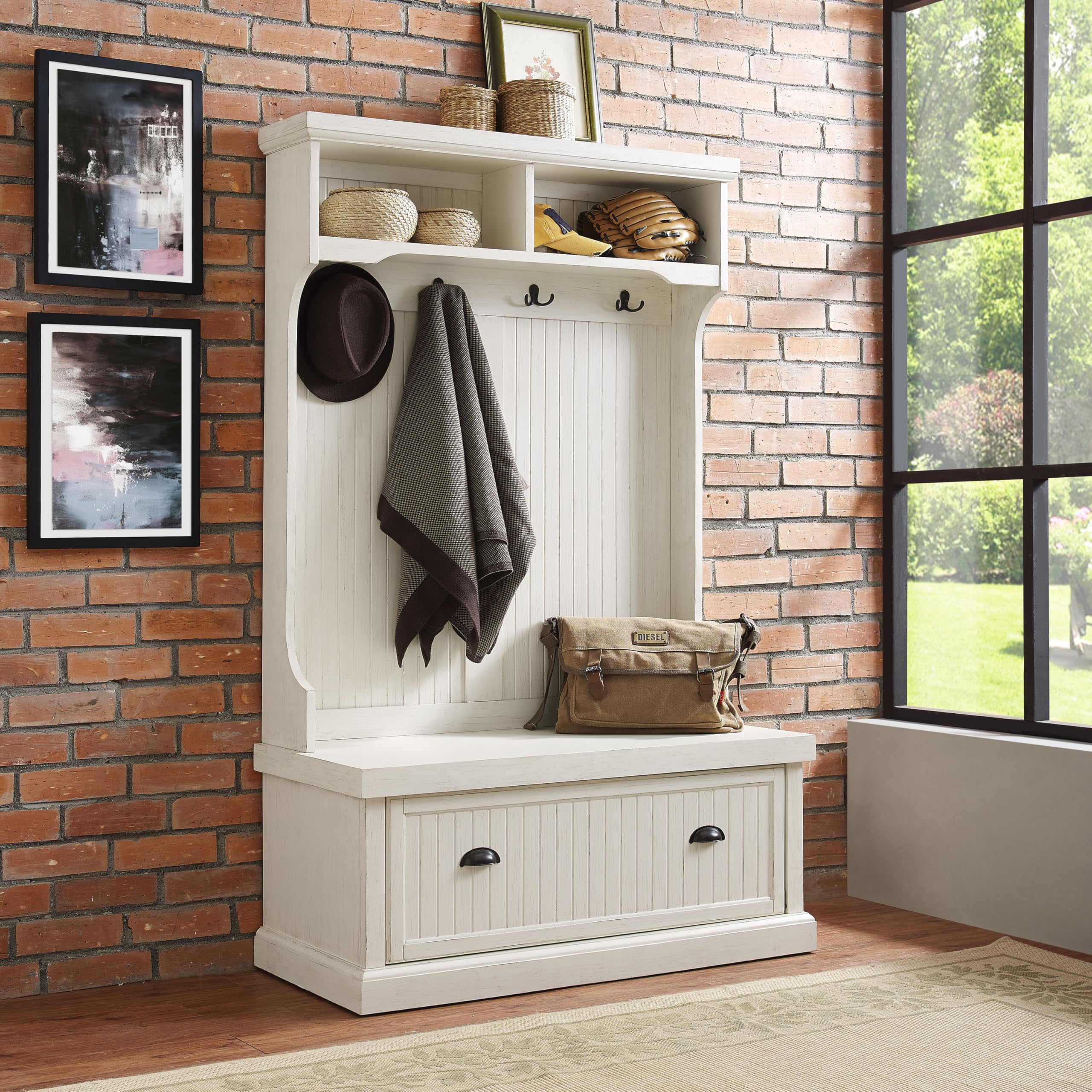 Crosley Furniture Seaside Hall Tree with Shoe Rack Bench & Coat Hooks - Entryway Storage Organizer in Distressed White - Perfect for Mudrooms, Foyers & Small Space Entry Organization