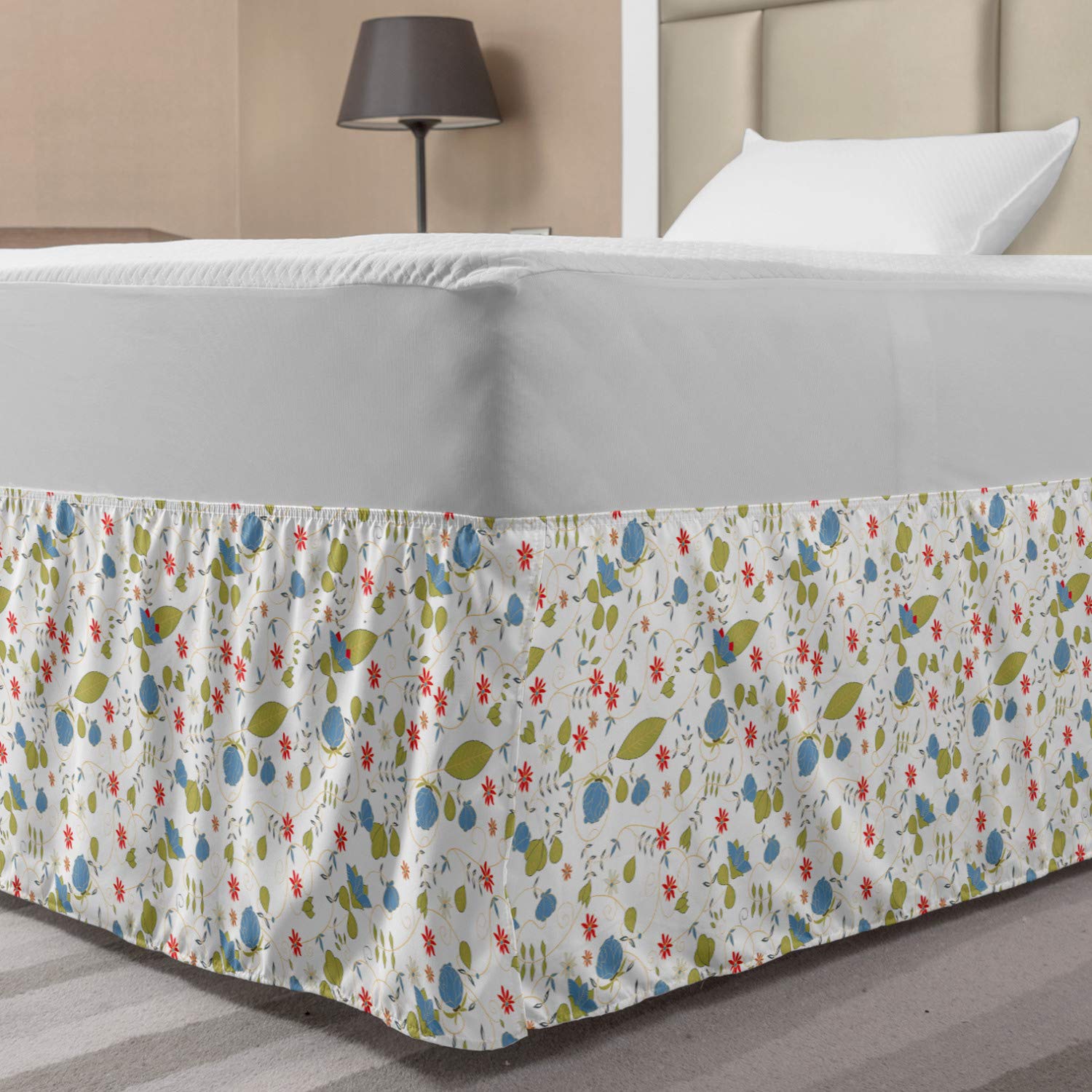 Ambesonne Botanical Elastic Bed Skirt - Twigs & Leaves Floral Print Dust Ruffle Wrap Around Bedskirt for Twin/Twin XL Beds, Khaki & Multicolor - Perfect for Bedroom Decor & Guest Room Styling