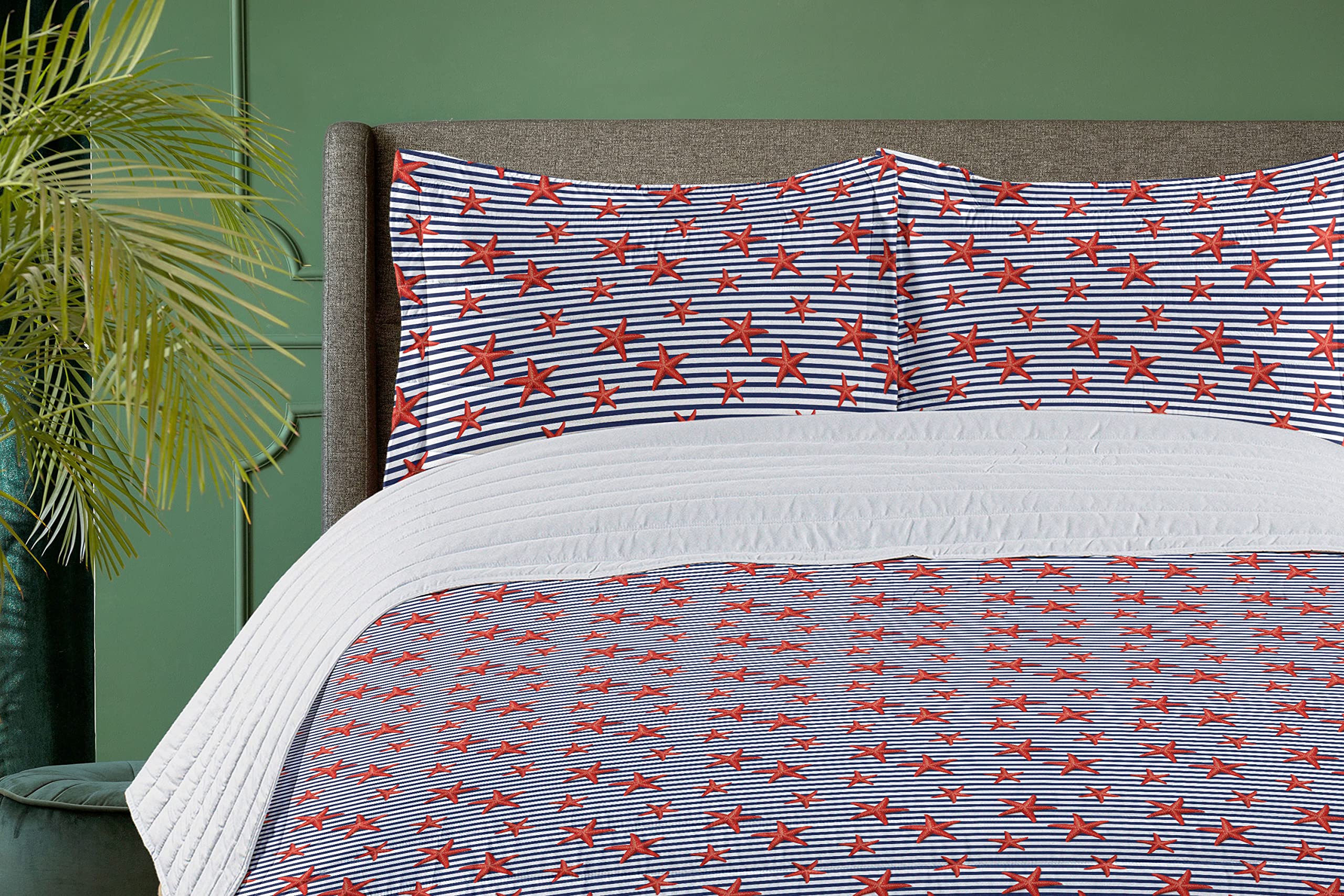 Ambesonne Starfish Microfiber Bedspread Set - Navy White Red Striped Maritime Theme with Pillow Shams & Comforter, King Size | Soft Coastal Bedding for Beach House Decor, Guest Room & Nautical Nursery