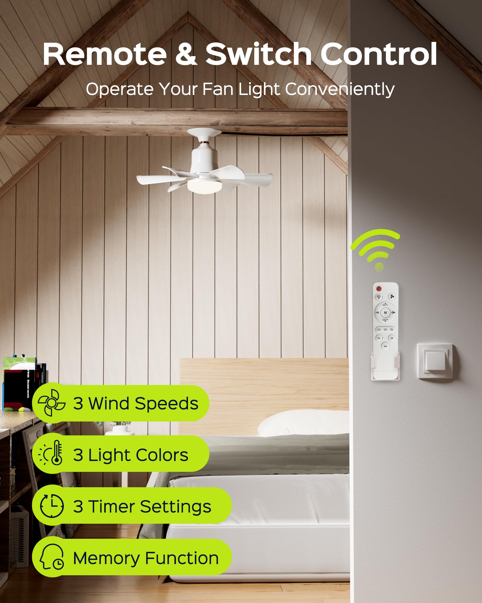 JACKYLED Ceiling Fan Light with Remote Control, Screw-in E26 Socket Extender, 1200LM Dimmable LED Light (3000K-6500K) - Perfect for Bathroom, Garage, Kitchen & Recessed Lighting (White) - Energy Saving & Space Saving Solution