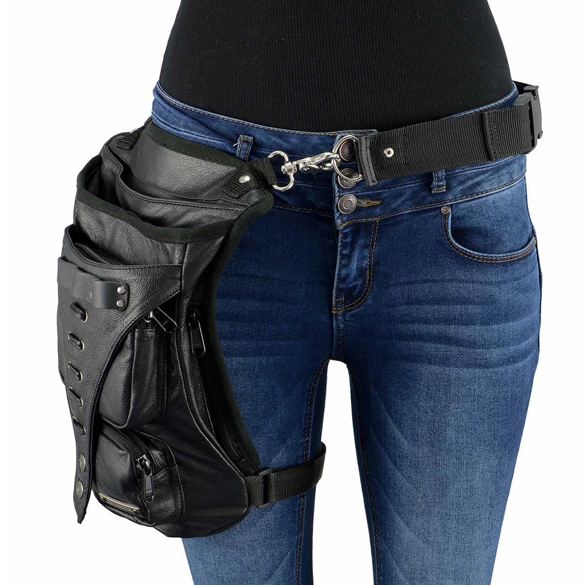 Milwaukee Leather MP8898 Black Leather Conceal Carry Thigh Holster Bag with Adjustable Waist Belt - Perfect for Outdoor Activities, Hiking, and Tactical Use