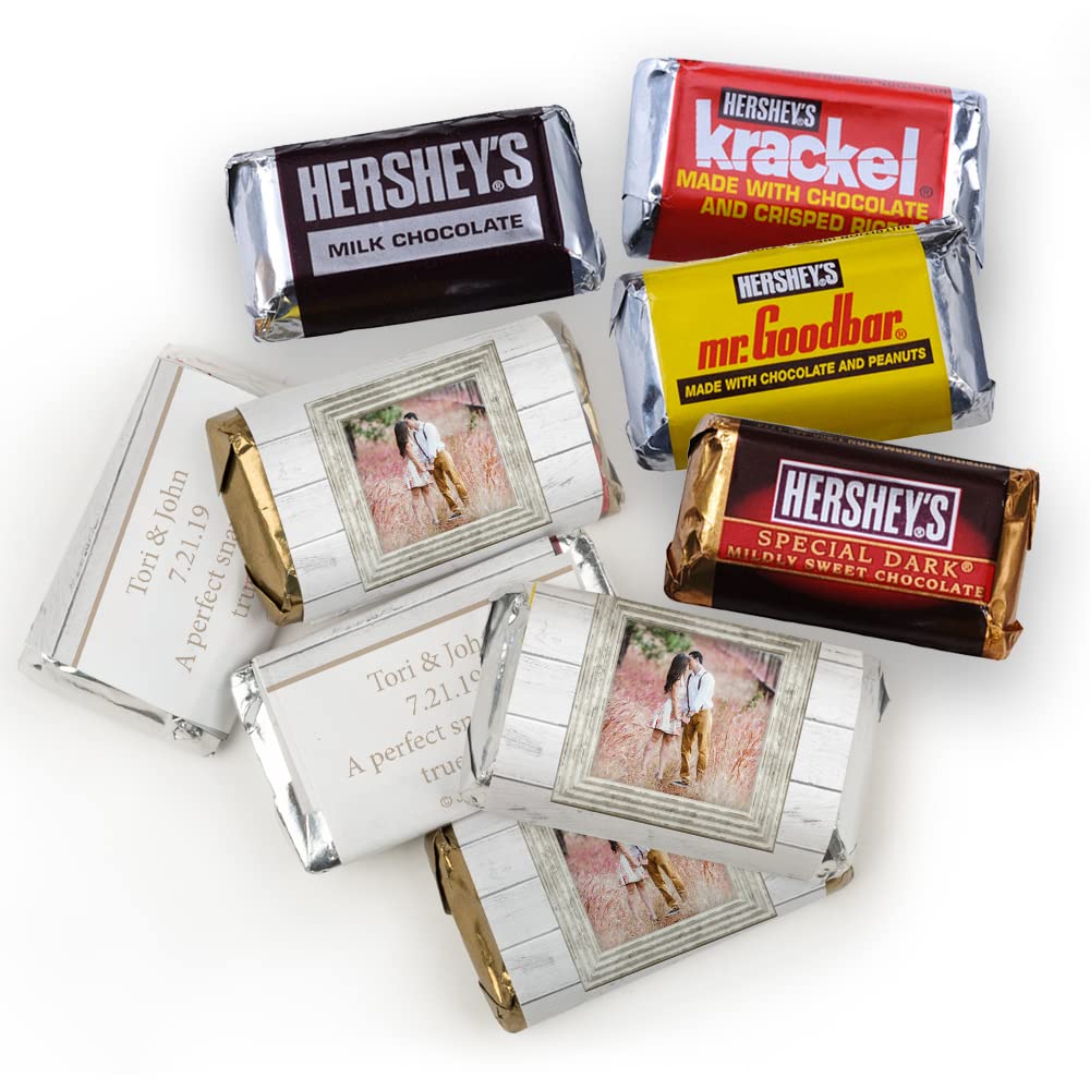 200pcs Personalized Wedding Chocolate Favor Kit - Custom Wrapped Miniatures, Kisses & Peanut Butter Cups - Rustic Photo Candy Buffet Supplies for Wedding, Bridal Shower & Anniversary Party Favors