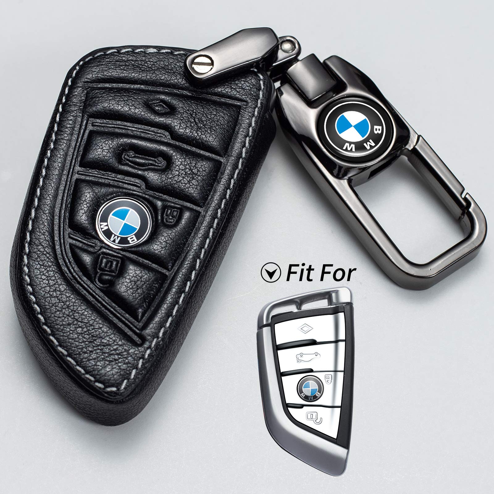 Genuine Leather BMW Key Fob Cover with Keychain - Compatible with 2 5 6 7 Series X1 X2 X3 X5 X6 Remote Control Keys | Anti-Dust Protective Key Case | Perfect Car Accessory for Daily Use & Travel (Black)