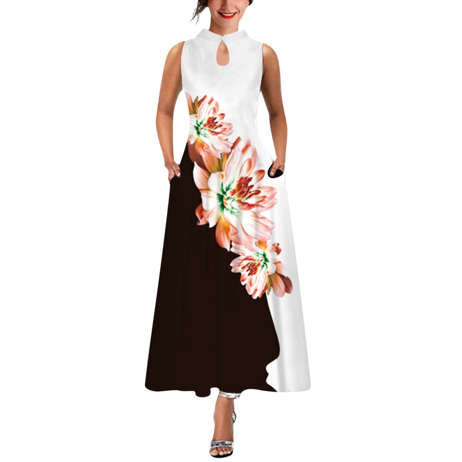 Elegant Floral Print Boho Maxi Dress for Women - Sleeveless Stand Neck Loose Summer Wedding Guest Dress | Perfect for Beach Weddings, Garden Parties & Casual Outings