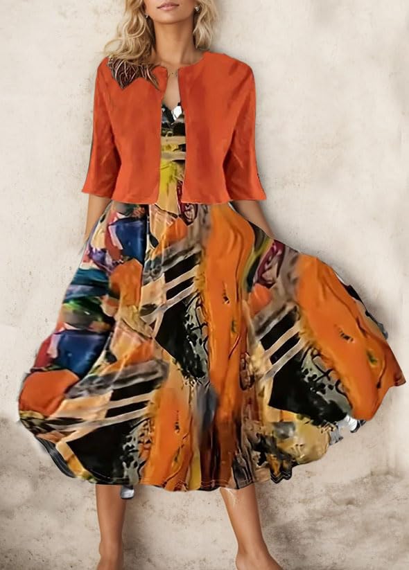 Women's Boho Floral Print Dress with Jacket Two Piece Set - V Neck Sleeveless Summer Midi Dress for Wedding Guest, Beach Vacation & Outdoor Parties