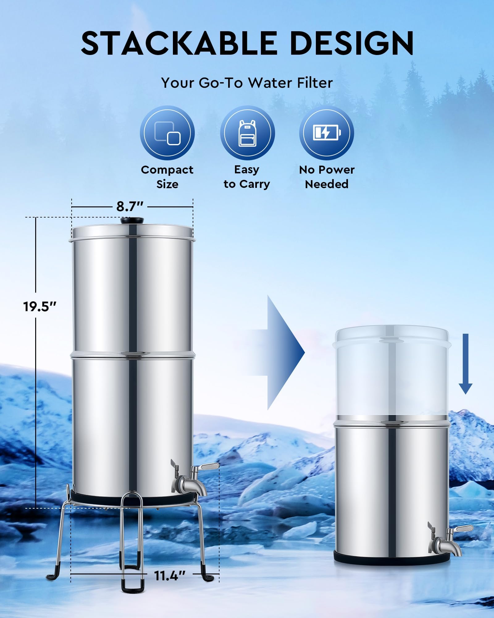 CO-Z Gravity Fed Water Filter System - 2.25 Gallon Stainless Steel Countertop Water Purifier with 2 Carbon Filters, NSF/ANSI 42 Certified for Clean Drinking Water | Perfect for Camping, Emergency Preparedness & Off-Grid Living