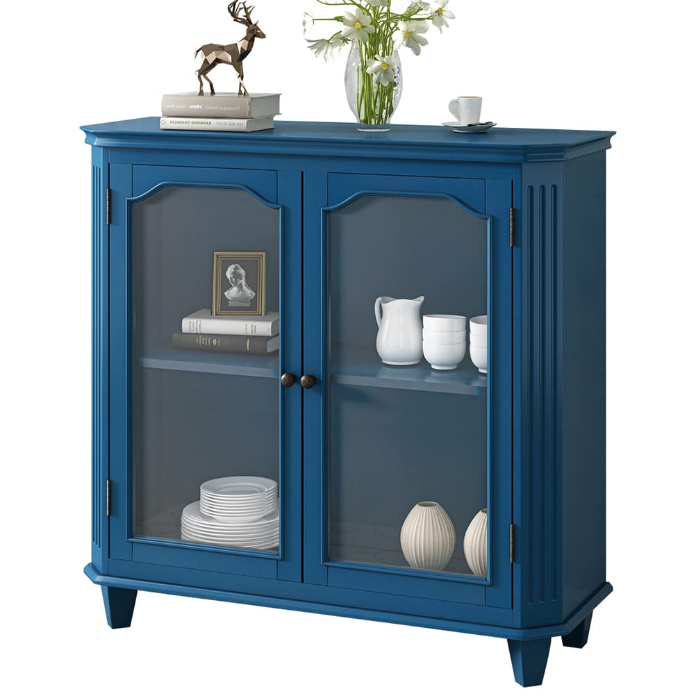 Antique Navy Blue Wooden Storage Cabinet with Doors & Adjustable Shelf - Modern Entryway, Kitchen, Living Room, Bedroom Sideboard for Home Organization & Stylish Decor