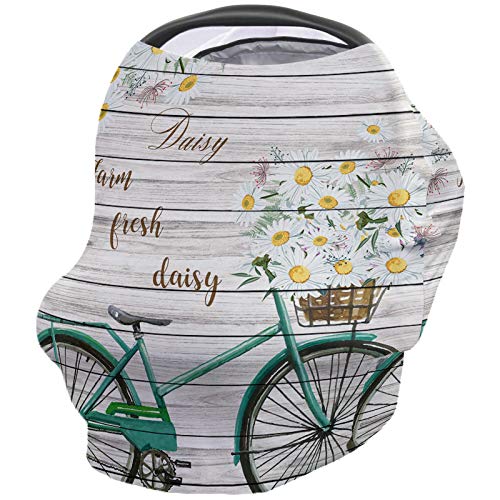 Breastfeeding Nursing Cover & Baby Car Seat Canopy - Grey Retro Farm Wood Design for Strollers, Shopping Carts - White Daisy & Green Bicycle Pattern (Perfect for Newborns, Infants, Girls & Boys) | Ideal for Feeding Privacy, Sun Protection & Shopping Trips