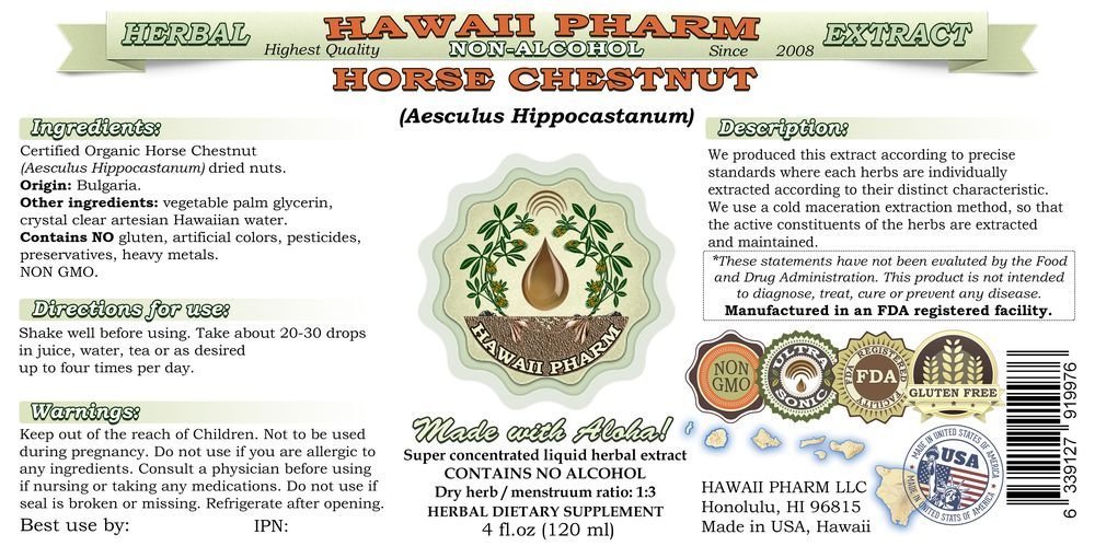 Organic Horse Chestnut (Aesculus hippocastanum) Alcohol-Free Liquid Extract - Natural Herbal Supplement for Circulation & Varicose Vein Support - 64 oz Glycerite by Hawaii Pharm - Perfect for Daily Wellness & Leg Comfort