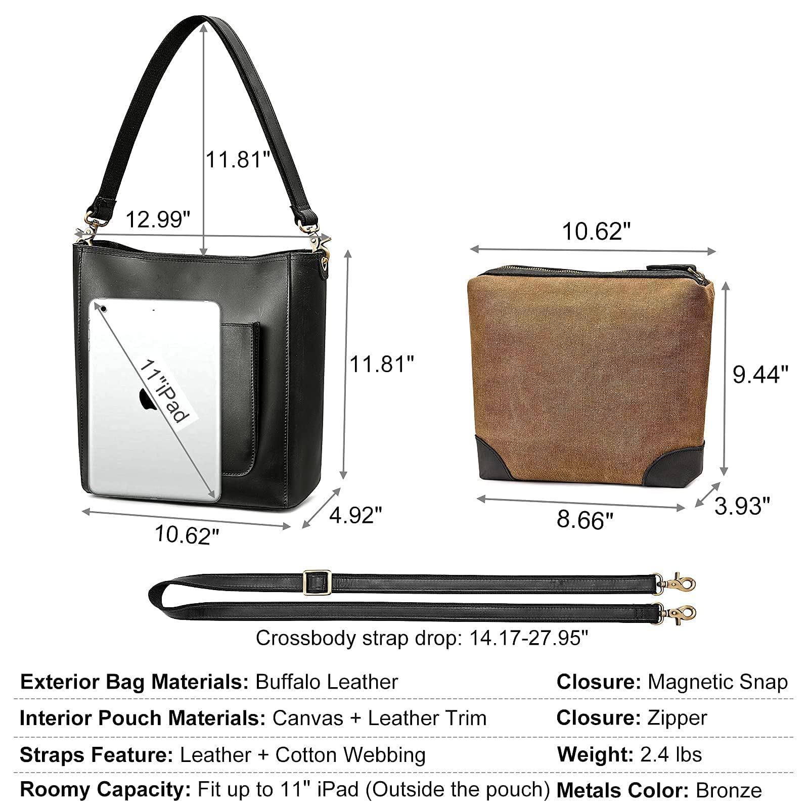 S-ZONE Genuine Leather Tote Bag for Women - Stylish Shoulder Handbag with Matching Crossbody Purse (Black) | Perfect for Work, Travel & Everyday Use