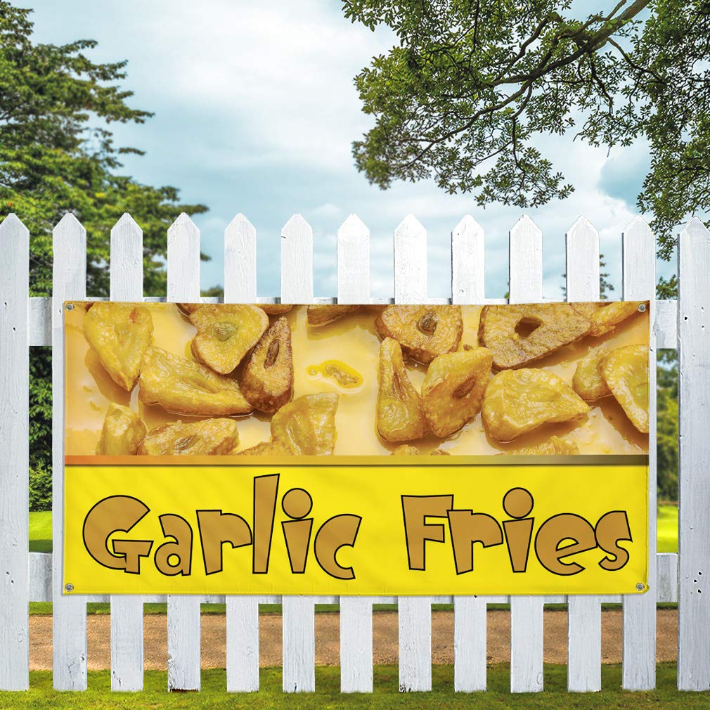 Premium Vinyl Banner - 48x96 Inches with 8 Golden Grommets | Weatherproof Outdoor Advertising Sign for Food & Beverage Business (Garlic Fries Promotion) | Perfect for Yard Sales, Festivals & Restaurant Marketing