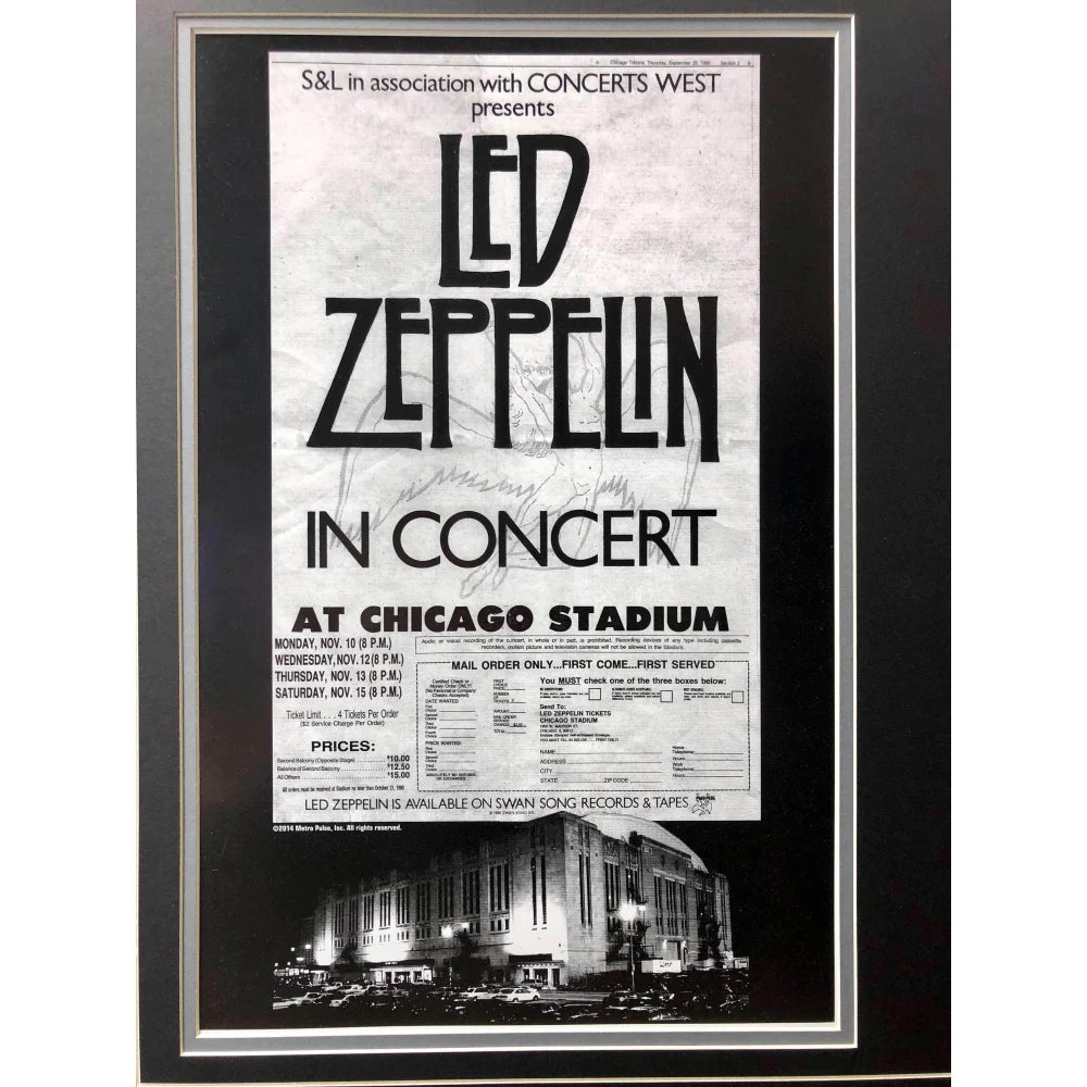 Led Zeppelin Framed Concert Memorabilia - Authentic Chicago Stadium Ticket Collage with Autographs - Perfect for Music Fans & Rock Collectors - Home Decor, Gift Idea, Man Cave Display