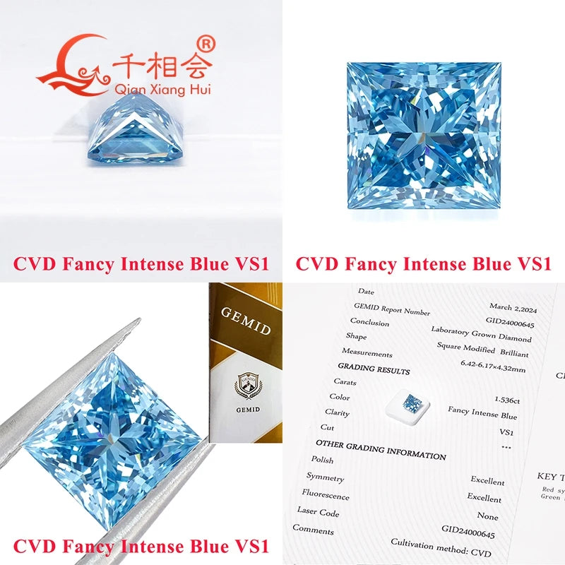 1.53ct & 2.421ct CVD Lab Grown Diamond - Fancy Vivid Blue, VS1 Clarity, Square Shape, GEMID Certified Loose Stone for Jewelry Making & Engagement Rings
