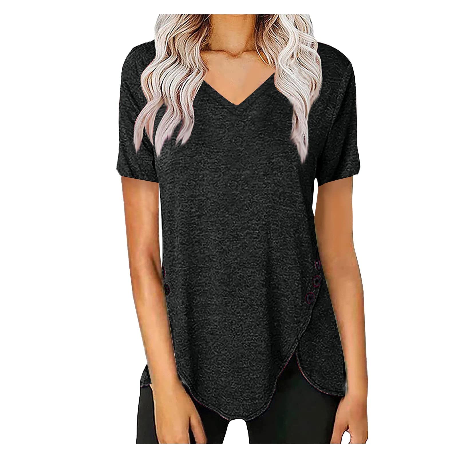 Women's Business Casual Tops - Summer Short Sleeve V-Neck Tunic Shirts with Side Buttons | Office Wear & Weekend Outfits