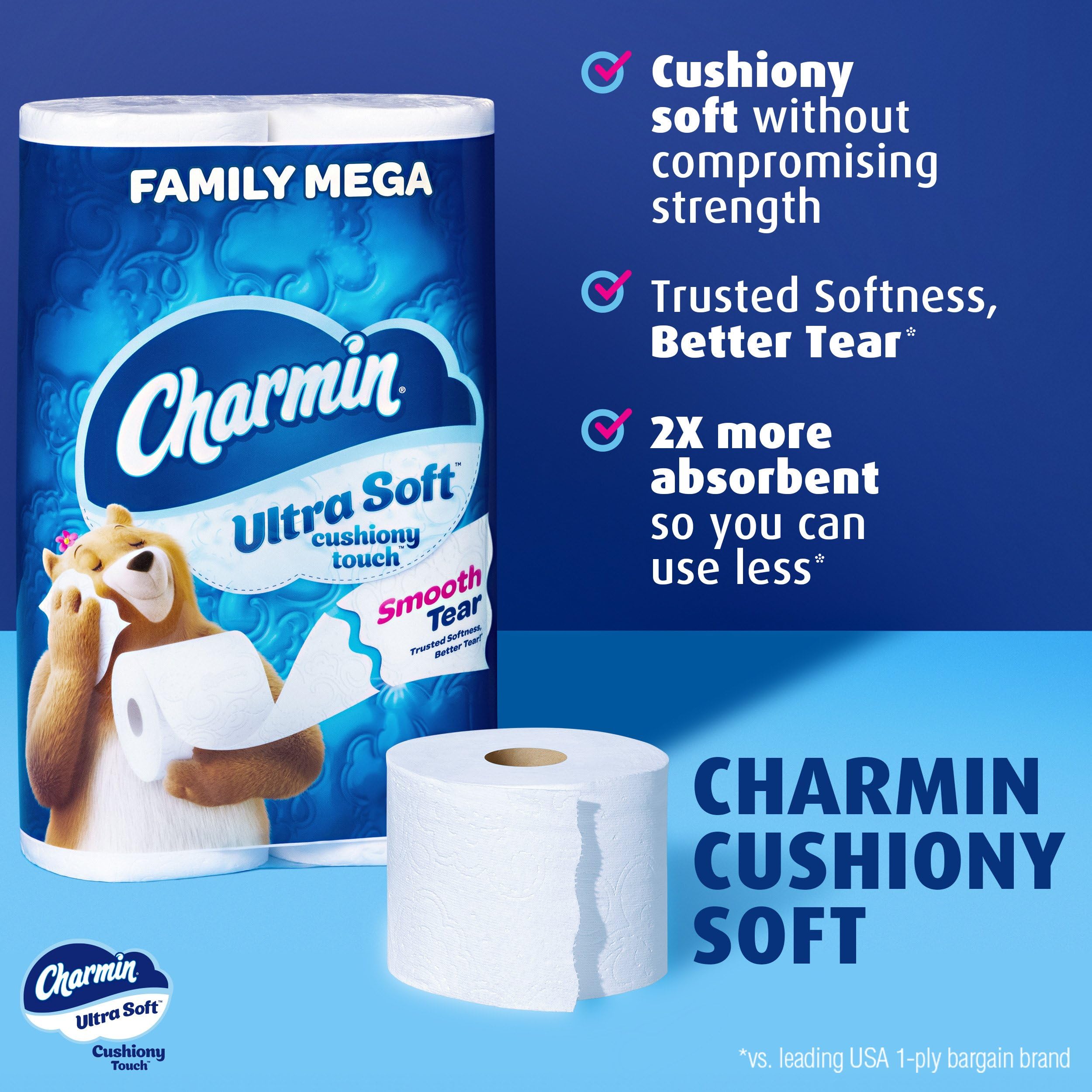 Charmin Ultra Soft Cushiony Touch Toilet Paper - 24 Family Mega Rolls (Equivalent to 123 Regular Rolls) | Gentle & Strong Bathroom Tissue for Home & Office Use