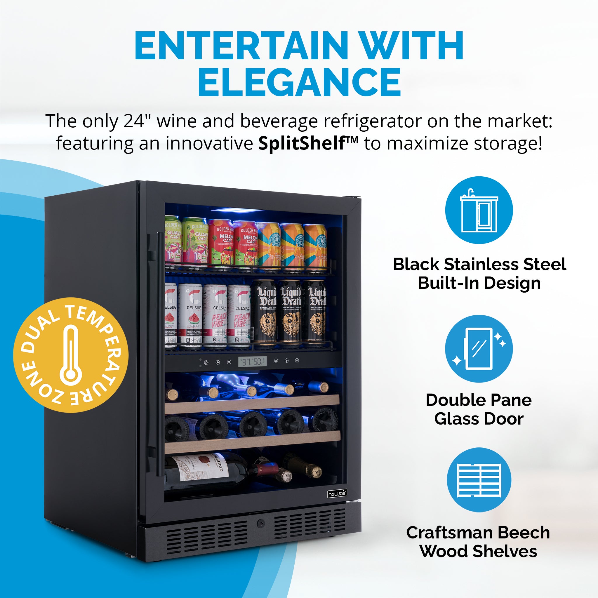 Newair® 100 Can 24 Bottle Dual Zone Built-In Beverage Refrigerator - Black Stainless Steel - Perfect for Home Bar, Office, or Man Cave