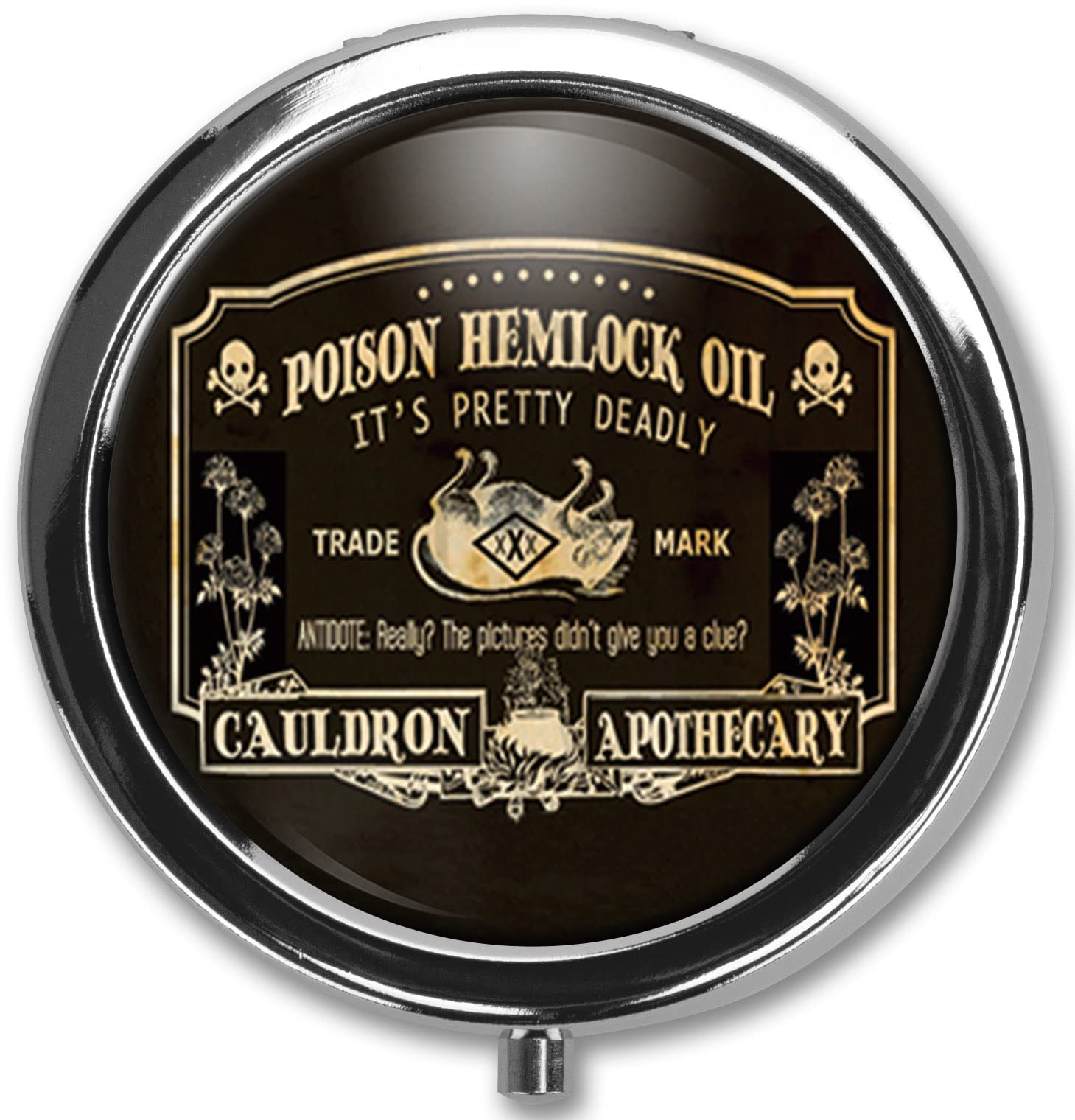 Vintage Style Poison Hemlock Oil Pill Box - Black Medicine Organizer Case for Vitamins, Pills & Trinkets | Perfect for Travel, Home Storage & Collectibles