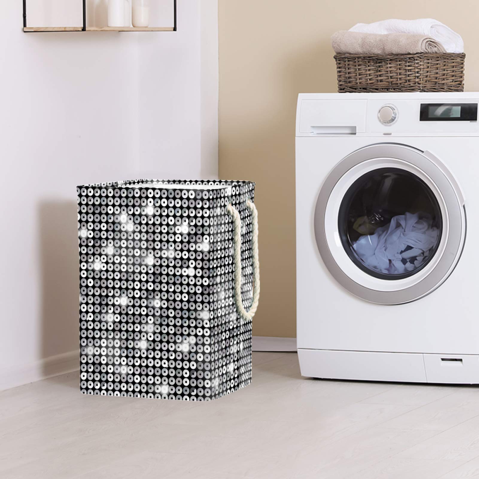 Silver Sequin Glitter Foldable Laundry Hamper Storage Basket - 19.3x11.8x15.9 Inch Organizer for Nursery, Playroom, Closet & Home Organization | Perfect for Kids' Rooms, Dorm Storage & Toy Collection