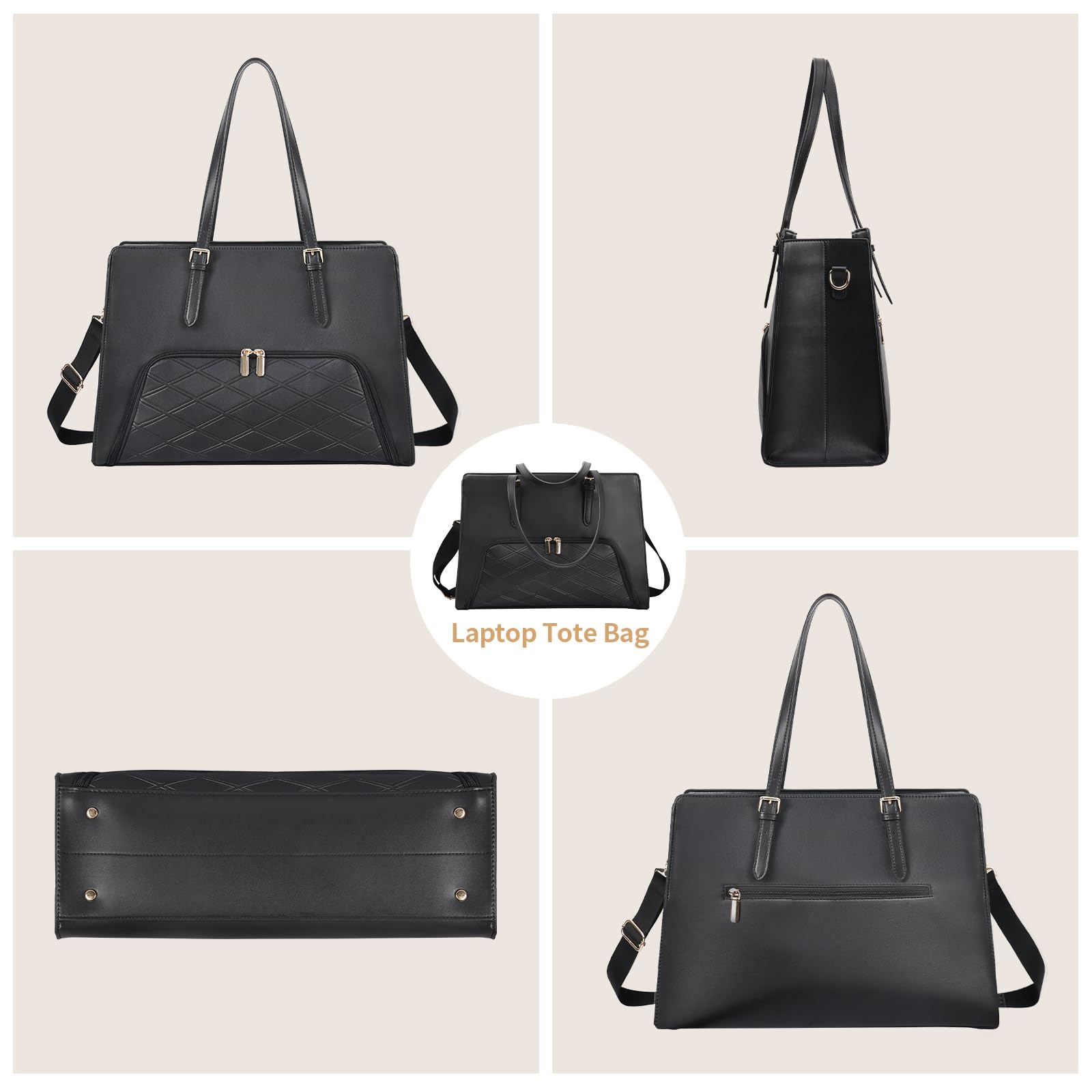BERTASCHE 15.6 Inch Laptop Tote Bag for Women - PU Leather Waterproof Work Bag with Insulated Lunch Compartment - Business Briefcase & Office Shoulder Handbag - Perfect for Commuting, Business Travel & Work Essentials (Black)