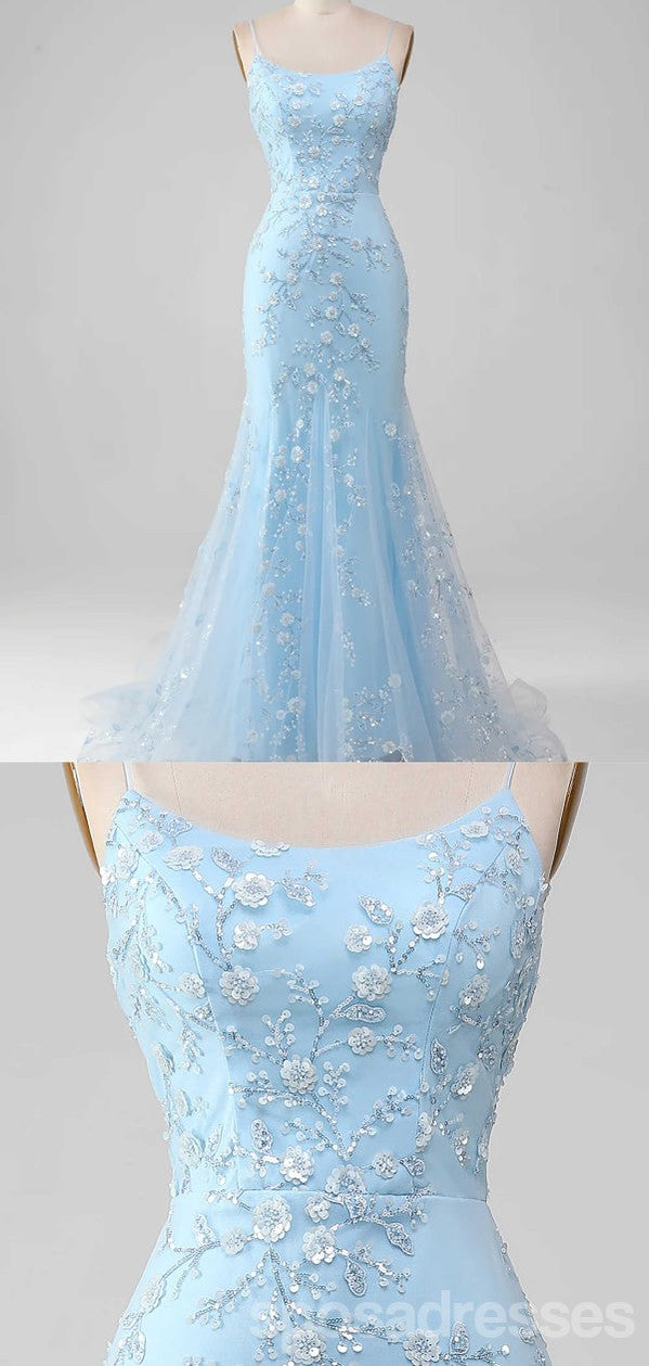 Floral Blue Mermaid Spaghetti Strap Maxi Long Prom Dress for Women | Elegant Evening Gown for Parties, Weddings & Formal Events