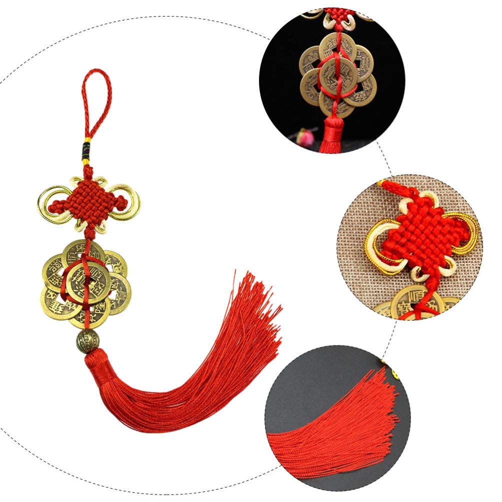 2pcs Feng Shui Coin Pendant with Chinese Knot - Lucky Charm Car Ornament for Rearview Mirror, Tassel Hanger, Home Decor - Chinese Style Copper Coins for Car, Office & Gift Giving