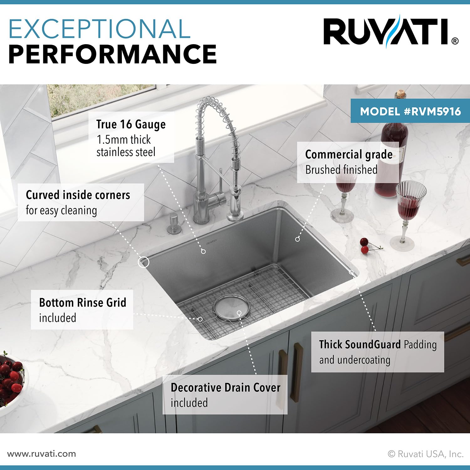 Ruvati 18-inch Undermount Bar Prep Kitchen Sink - 16 Gauge Stainless Steel Single Bowl with Brushed Finish, Scratch-Resistant & Easy-to-Clean Design - Perfect for Home Bars, Prep Stations, and Small Kitchens - RVM5916