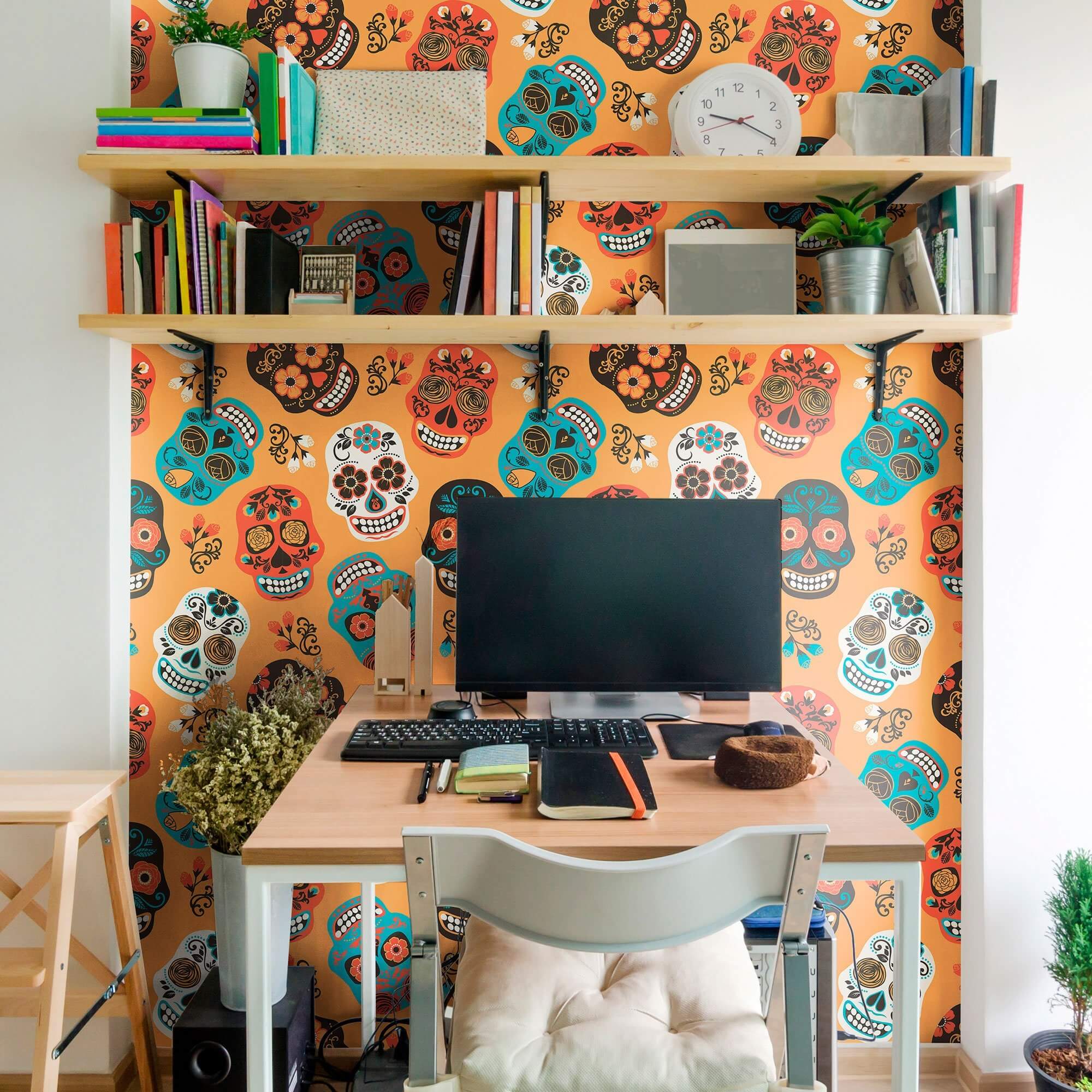 Orange and White Skulls Themed Peel and Stick Removable Wallpaper - Self-Adhesive Decorative Wall Covering for Bedroom, Living Room, or Office Decor