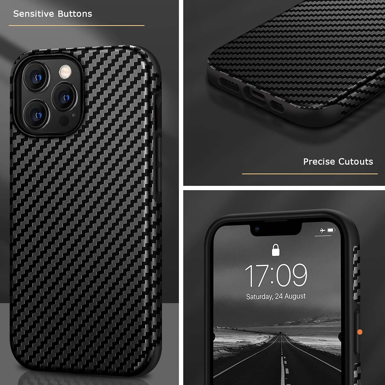 Premium Tasikar Leather Case for iPhone 13 Pro - Carbon Fiber Texture with Silicone Bumper & Hard Back Cover | Protective 6.1