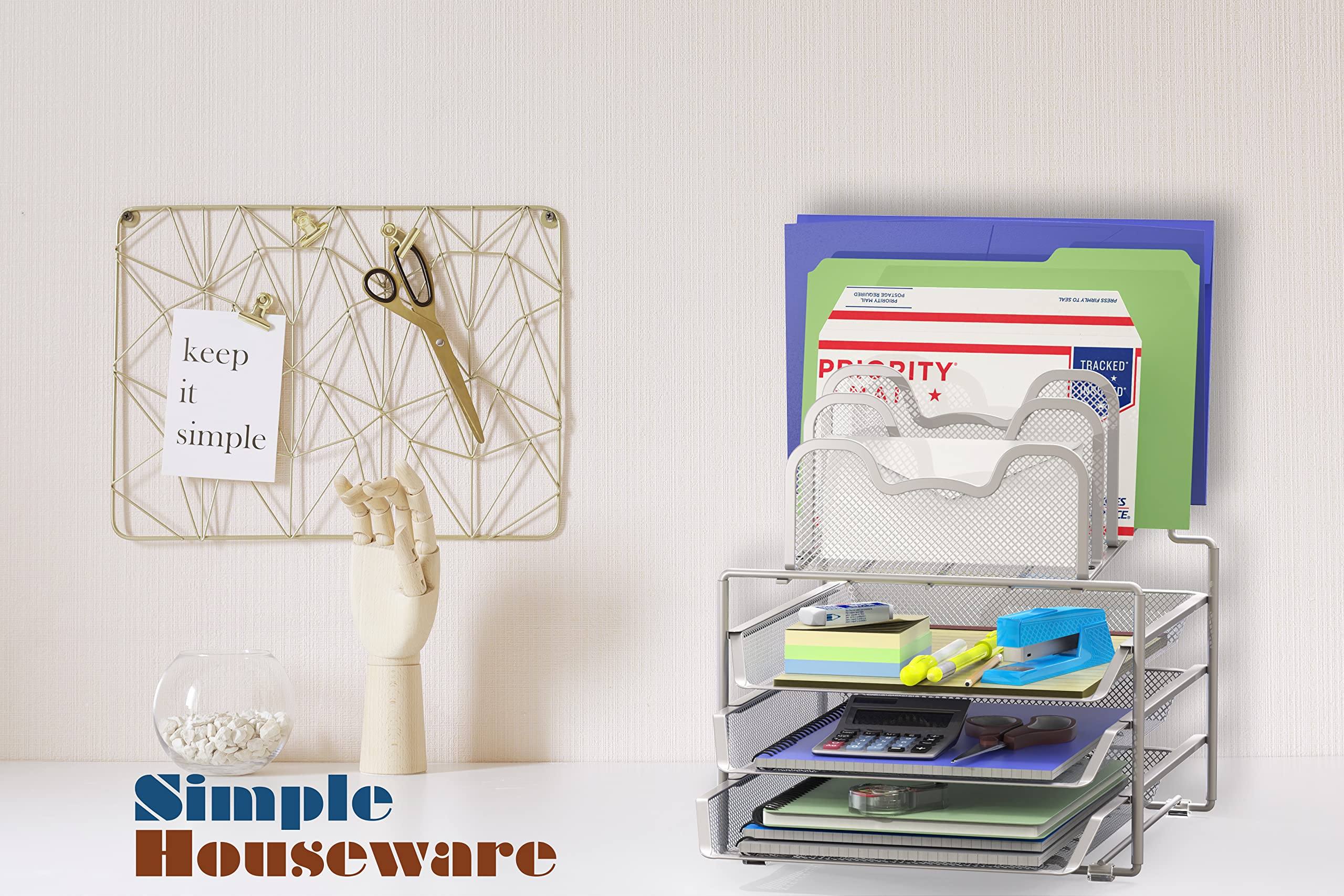Silver 3-Tier Sliding Tray & 5-Section Stackable Desk Organizer - Office Supplies for Home & Office Workspace Organization (Perfect for Papers, Pens & Small Accessories)