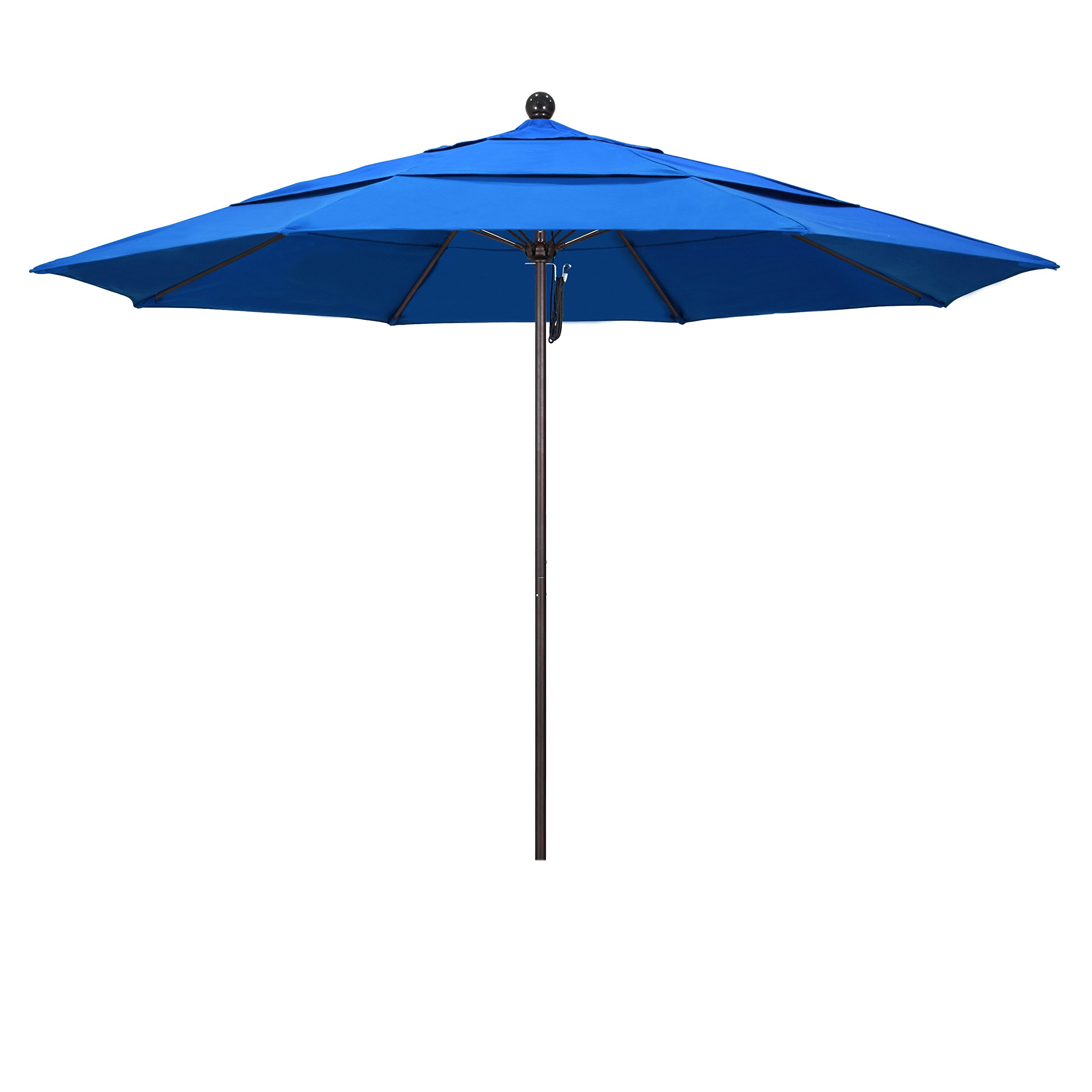 11' Round Patio Umbrella with Pulley Lift - Aluminum/Fiberglass Frame & Bronze Pole - Olefin Royal Blue Fabric for Outdoor Dining, Poolside, Beach, and Garden Use