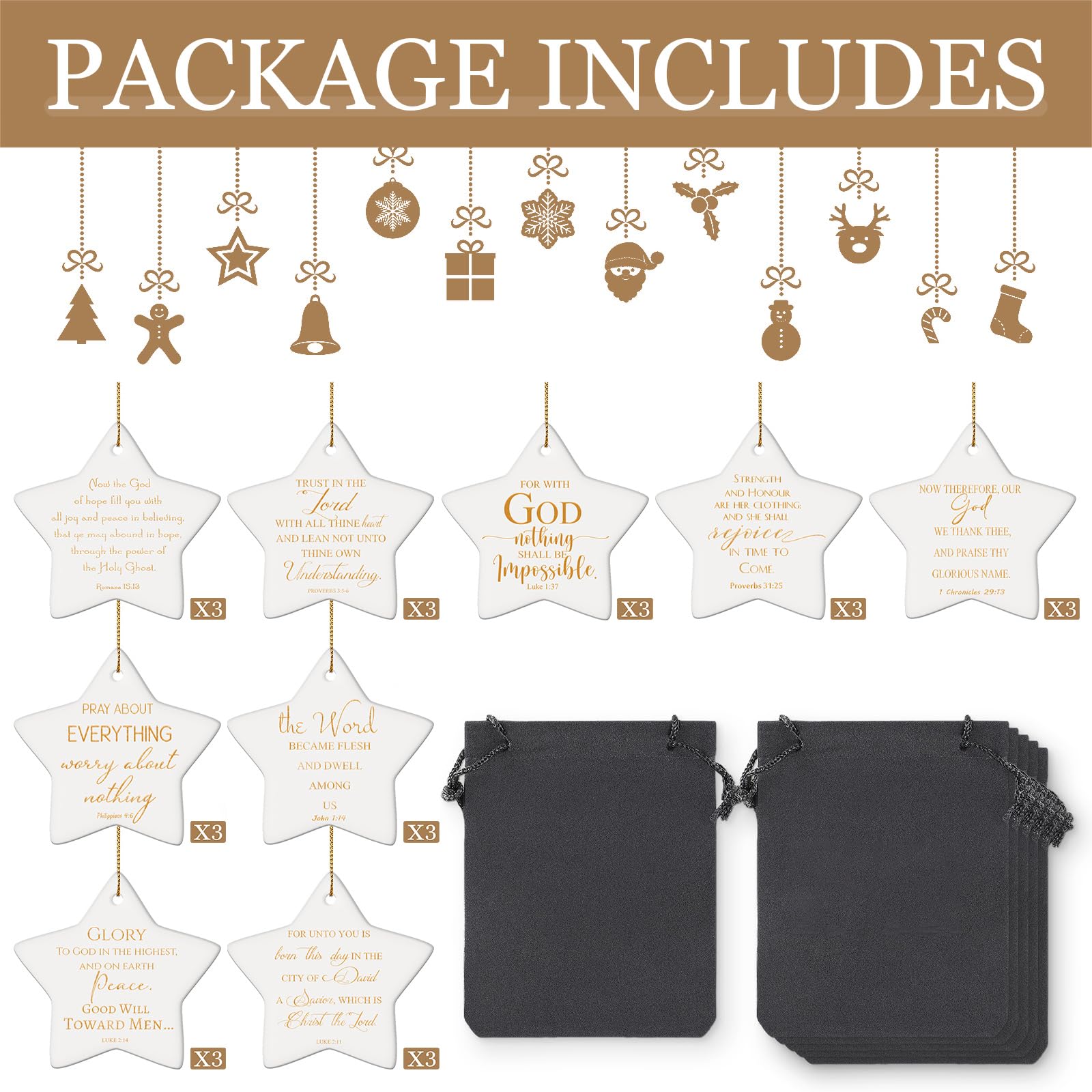 27 Pcs Christian Star Hanging Ornaments - Bulk Bible Verse Ceramic Religious Decor with Gift Bags - Perfect for Church Events, Mother's Day Gifts & Women's Bible Study Group Favors
