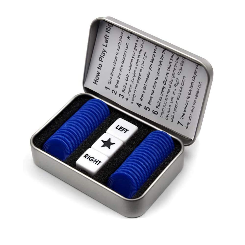 Right Left Center Dice Game Set with 3 Dice & 36 Chips - Blue | Fun Family Party Game for Adults & Kids | Perfect for Game Nights, Camping & Travel