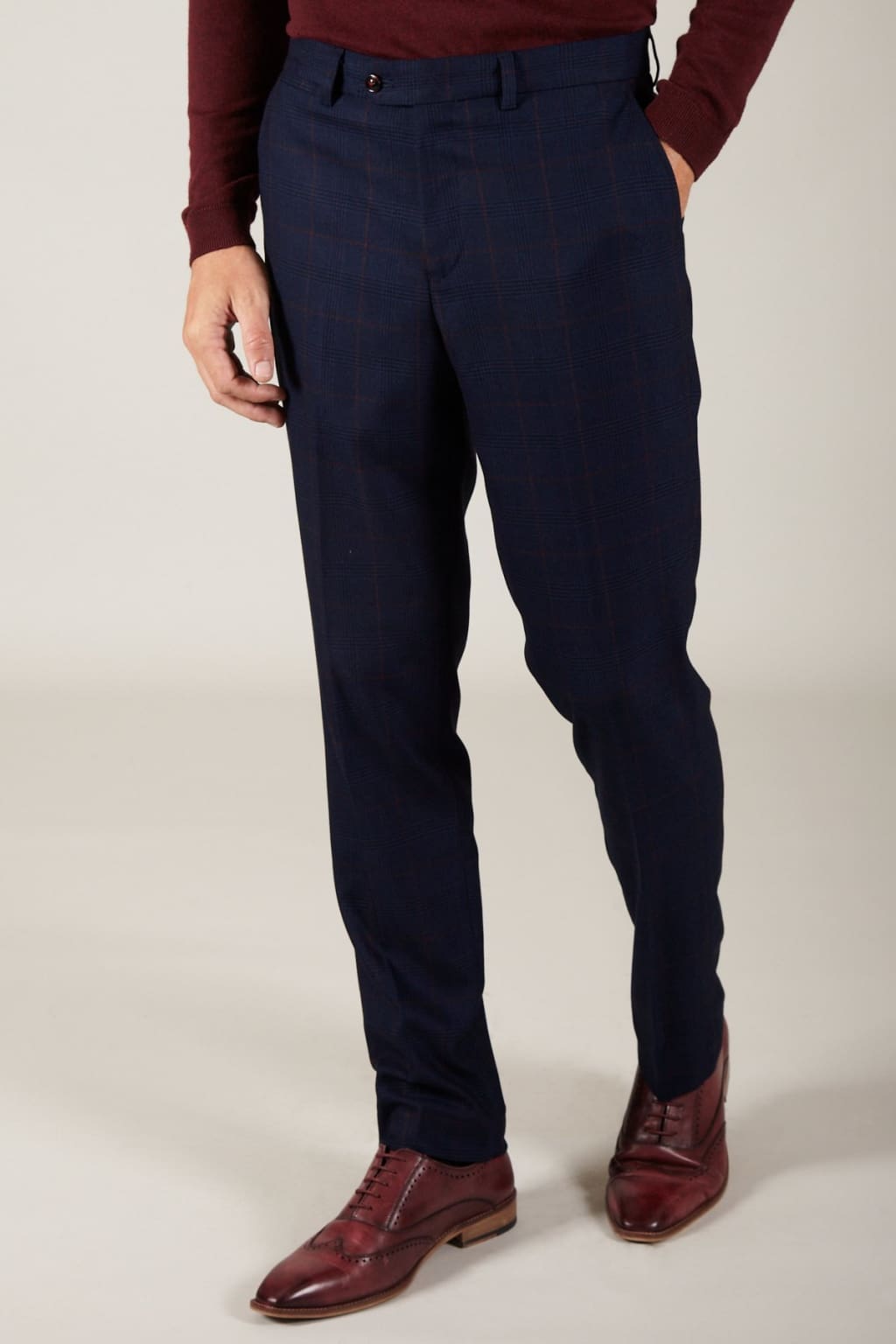 Marc Darcy Edinson Navy Check Trousers for Men - Classic Slim Fit Plaid Dress Pants for Office, Business & Formal Occasions