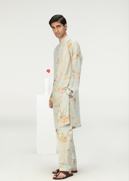 Elegant Classic Silk Brocade Trousers in Ice Blue - Perfect for Formal Events, Weddings & Special Occasions
