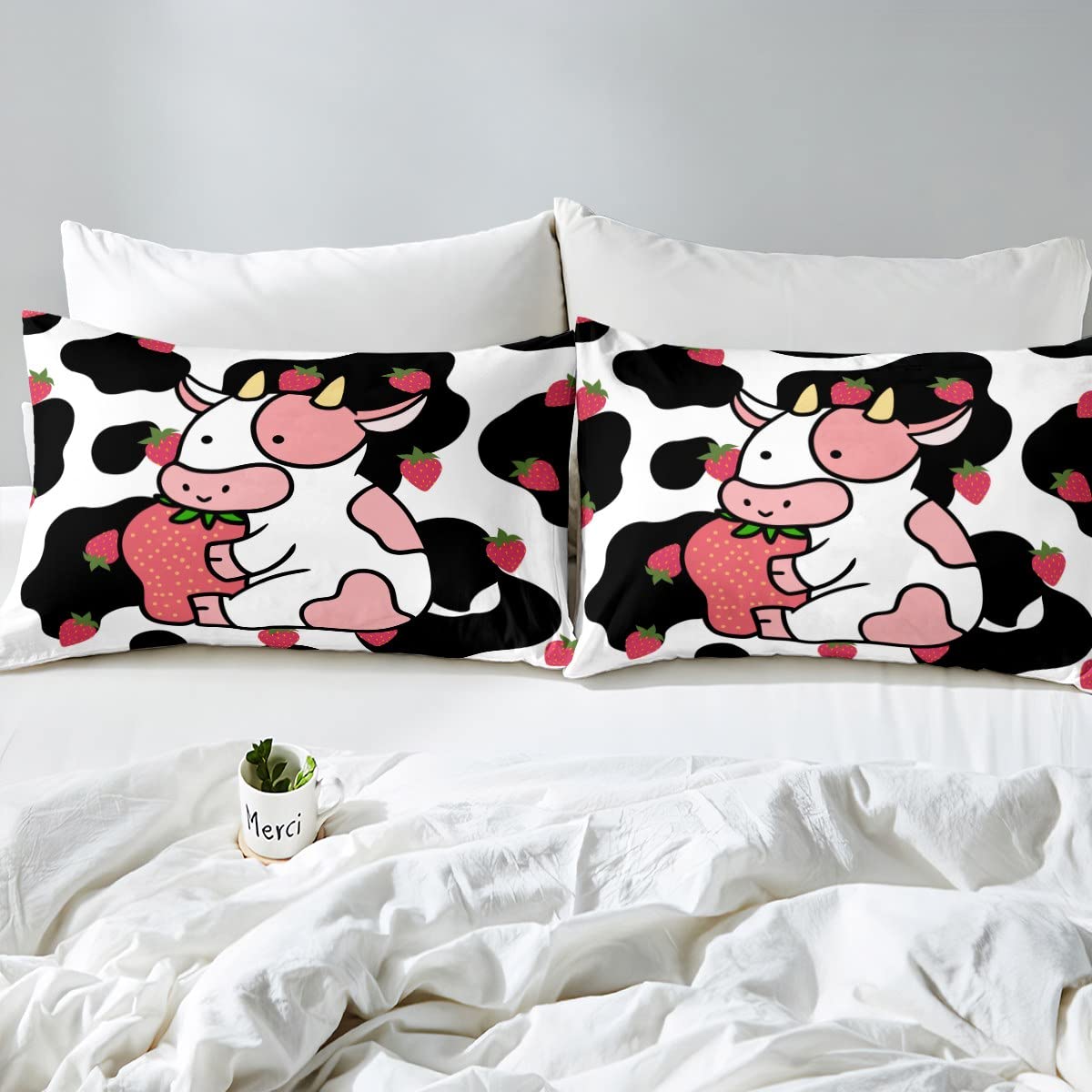 Milkshakes Cow Duvet Cover Set Twin Size - Pink Cute Cattle & Strawberry Fruit Print Comforter Cover | Kawaii Girly Style for Kids Girls Bedroom | Milk Cow Skin Fur Pattern Quilt Cover with 1 Pillowcase | Perfect for Nursery, Teen Room & Sleepovers