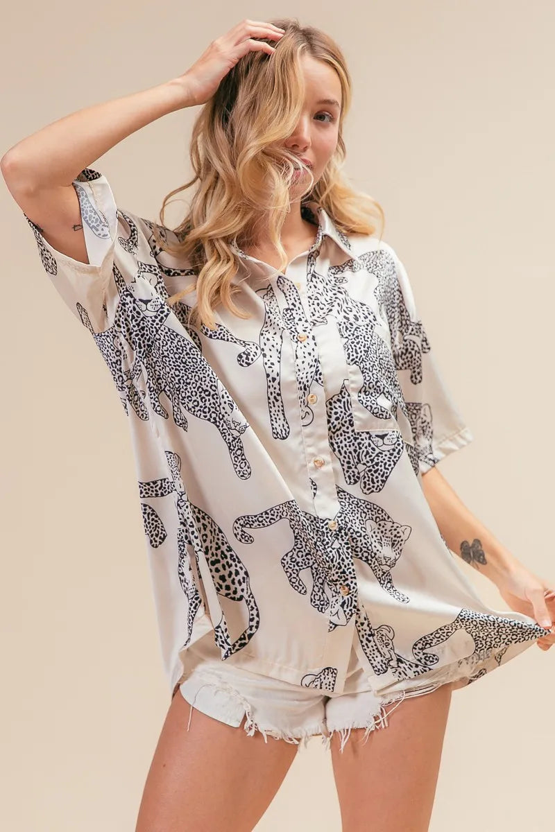 BiBi Leopard Print Short Sleeve Silky Satin Shirt Top for Women - Stylish Blouse for Casual Wear, Office Outfits & Night Out