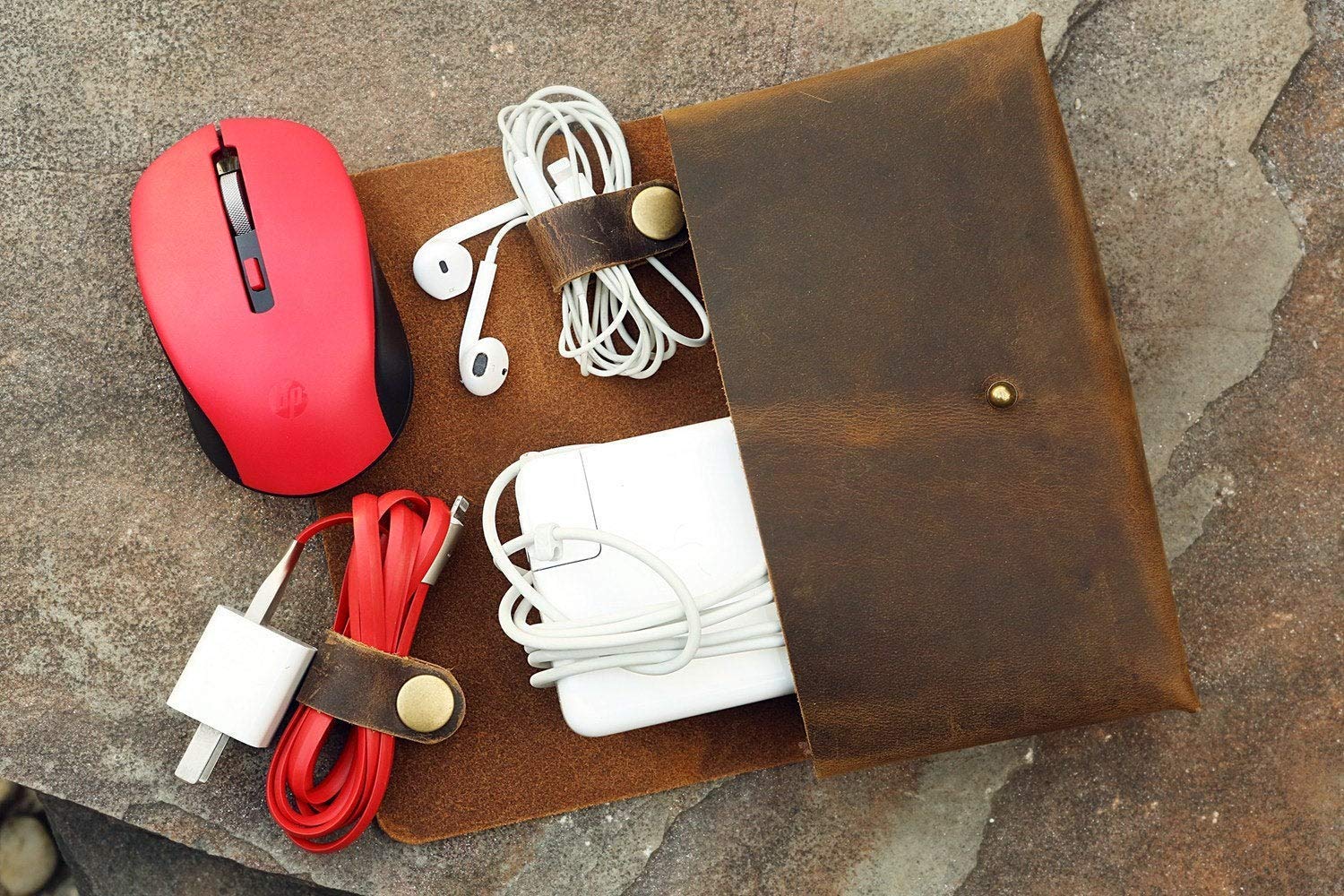 Handmade Leather MacBook Charger Case Bag for MacBook Pro - Premium Laptop Accessories Organizer (MC05PB) - Perfect for Travel, Office & Daily Commute