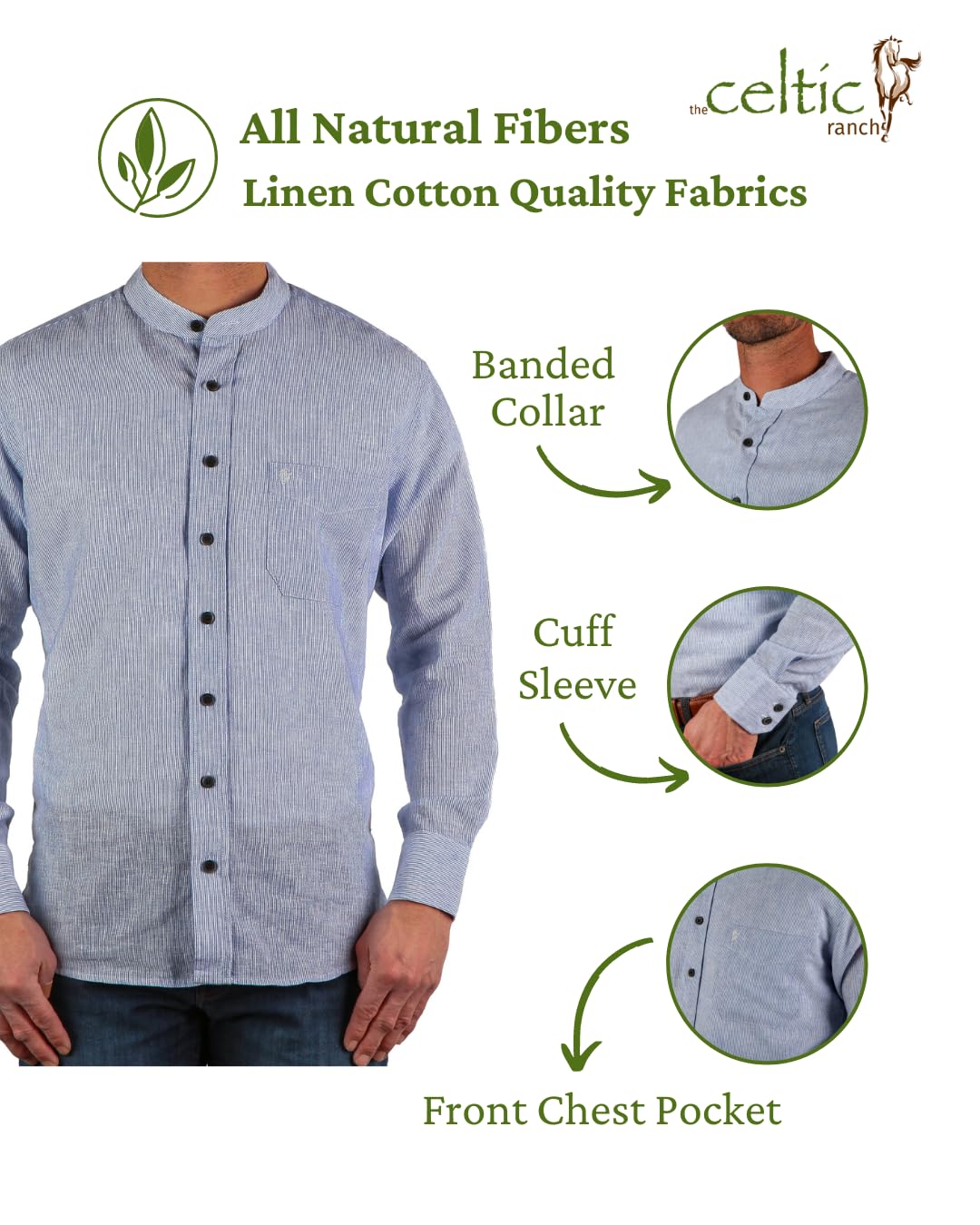 Traditional Irish Grandfather Collarless Shirt | Men's Linen Cotton Lightweight Long Sleeve Dress Shirt | Perfect for St. Patrick's Day, Irish Weddings & Casual Wear