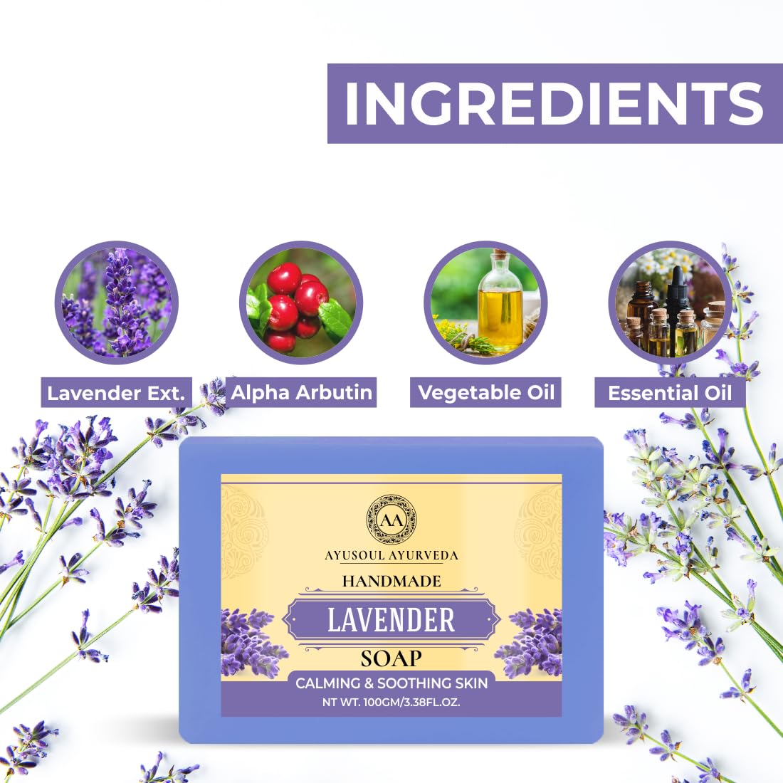 Ayusoul Ayurveda Herbal Lavender Bath Soap - 100% Natural, Soothing & Moisturizing for Dry & Sensitive Skin (Pack of 4) - Perfect for Relaxing Bath, Spa Day & Aromatherapy at Home