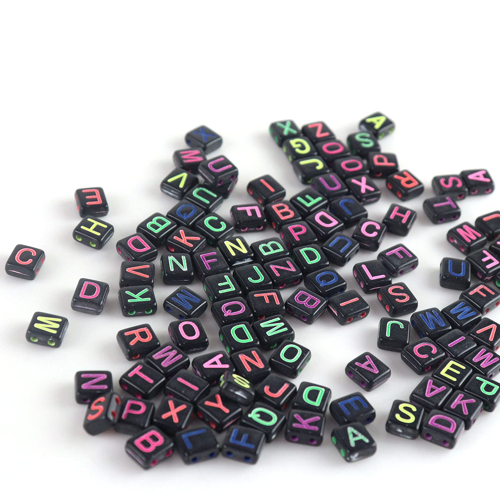 1200pcs Black Acrylic Alphabet Letter Beads 9mm Square - A-Z Colorful Pattern 2-Hole Spacer Charms for DIY Jewelry Making, Necklace & Bracelet Crafting - Perfect for Kids Crafts, Scrapbooking & Personalized Gifts