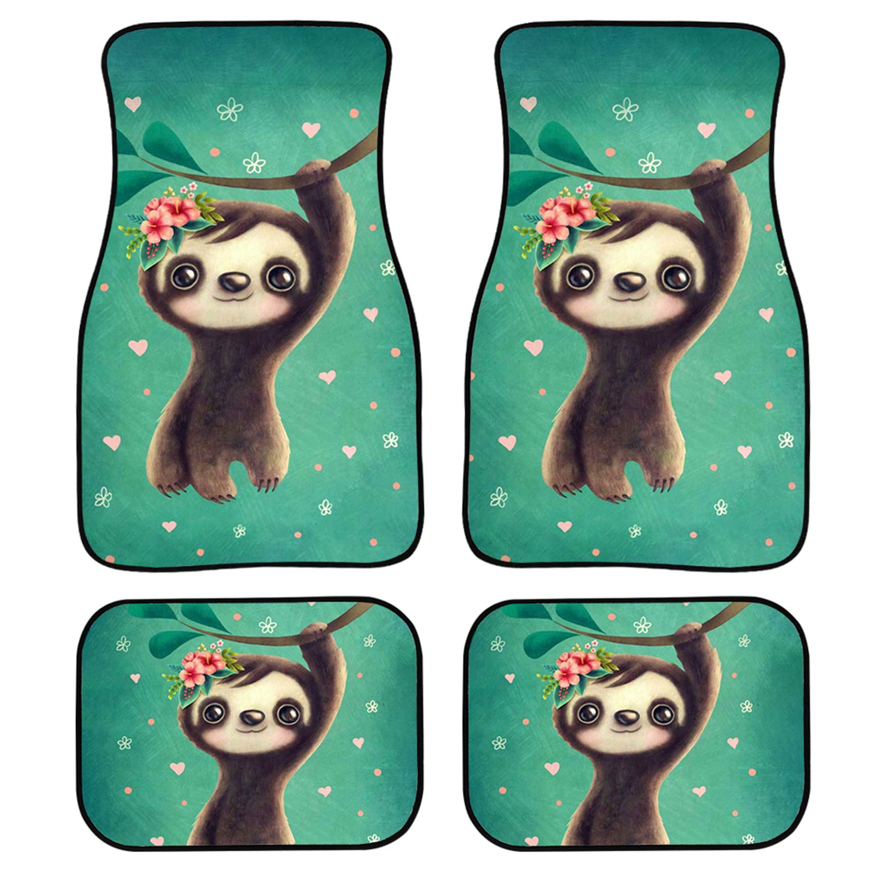 UNICEU Hibiscus Flower & Cute Sloth Baby Pattern Car Floor Mats - Universal Fit for Cars, SUVs & Trucks - Waterproof & Non-Slip Front & Rear Full Set - Stylish Car Interior Decor (Turquoise) - Perfect for Family Road Trips & Daily Commutes