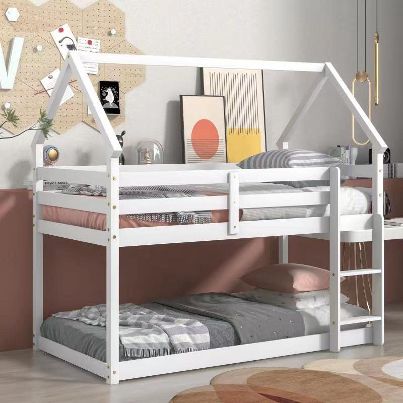 MERITLINE Twin Over Twin Wooden Tree House Bunk Bed for Kids - Sturdy Ladder & Safety Guardrail - Space-Saving Floor Bunk Bed for Toddlers, Girls & Boys - White - Perfect for Small Bedrooms, Shared Kids Rooms & Vacation Homes